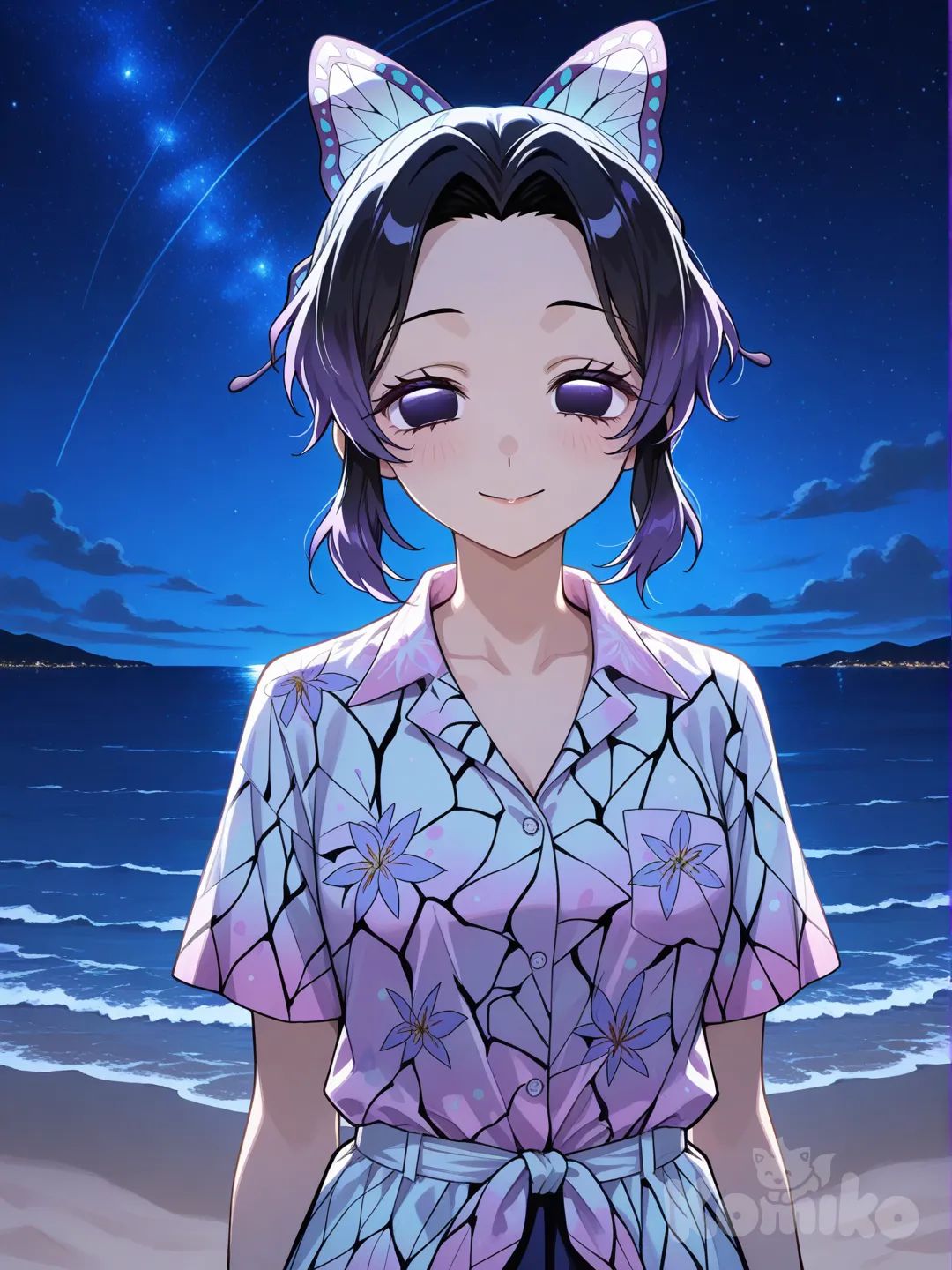 @Kochou_Shinobu, 1girl, hawaiian shirt, beach, night, smile