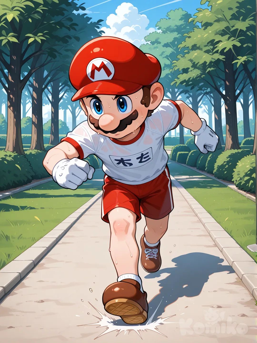 @Mario, 1boy, gym shirt, running, park