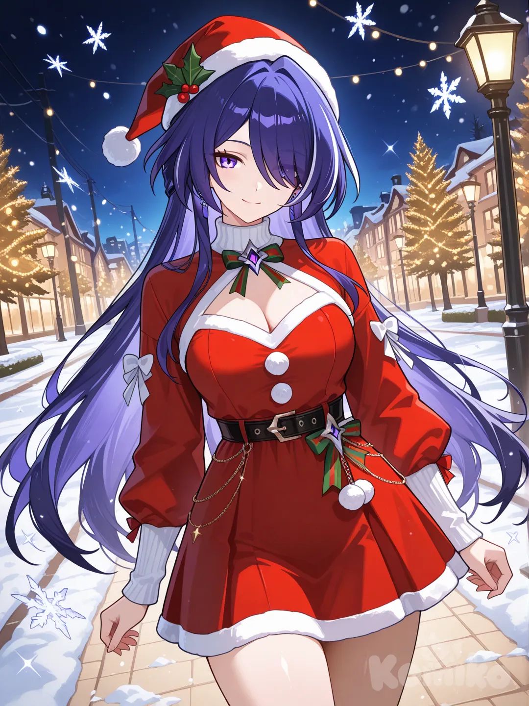 1girl, Acheron (Honkai:Star Rail), christmas park, smile, christmas dress, santa hat, snowing, night, looking at viewer, winter scenery, holiday theme