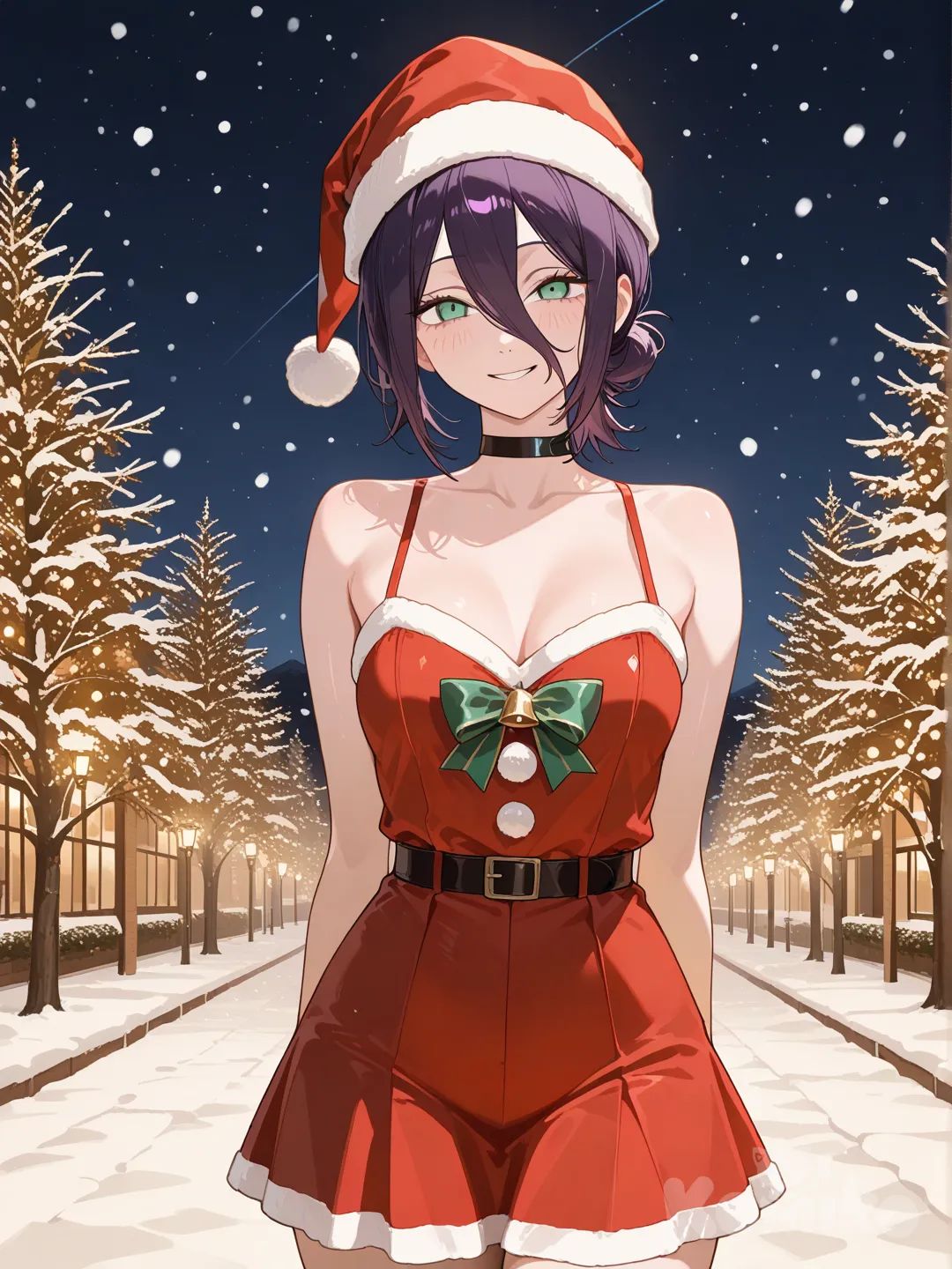 @Reze_(Chainsaw_Man), 1girl, christmas dress, santa hat, snowing, night, smile, looking at viewer, winter scenery, holiday theme
