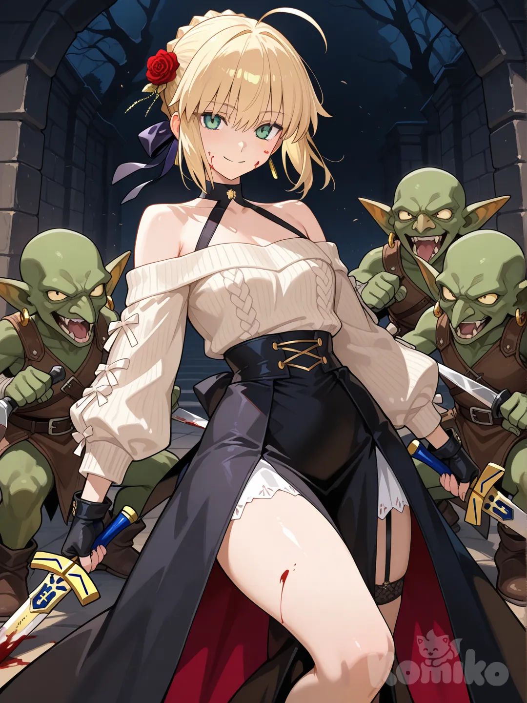 1girl, Saber (Fate), gloves, dress, thighs, stiletto (weapon), sweater, holding dagger, weapon, earrings, flower, hair flower, two-sided dress, short hair with long locks, blood on weapon, rose, holding weapon, blood on face, dual wielding, two-sided fabric, fingerless gloves, dagger, gold earrings, knife, sidelocks, holding, gold hairband, holding knife, hair ornament, off-shoulder sweater, hairband, jewelry, smile, battle with goblin, fights with goblin