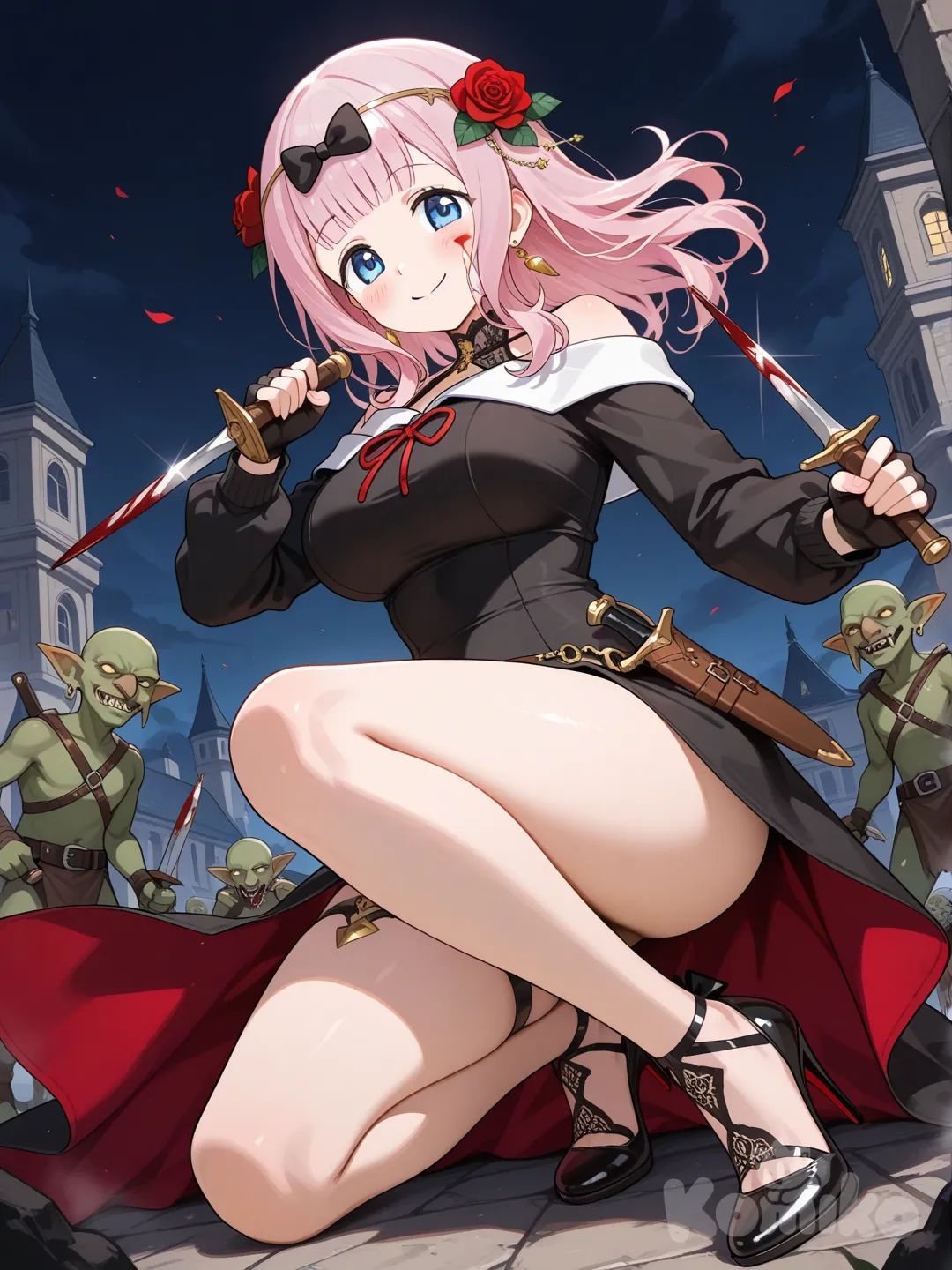 1girl, fujiwara chika, gloves, dress, thighs, stiletto (weapon), sweater, holding dagger, weapon, earrings, flower, hair flower, two-sided dress, short hair with long locks, blood on weapon, rose, holding weapon, blood on face, dual wielding, two-sided fabric, fingerless gloves, dagger, gold earrings, knife, sidelocks, holding, gold hairband, holding knife, hair ornament, off-shoulder sweater, hairband, jewelry, smile, battle with goblin, fights with goblin