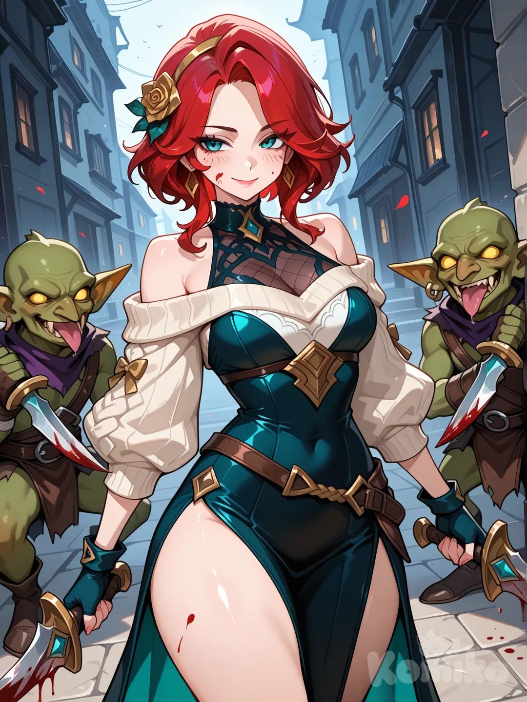 1girl, Miss Fortune (League Of Legends), gloves, dress, thighs, stiletto (weapon), sweater, holding dagger, weapon, earrings, flower, hair flower, two-sided dress, short hair with long locks, blood on weapon, rose, holding weapon, blood on face, dual wielding, two-sided fabric, fingerless gloves, dagger, gold earrings, knife, sidelocks, holding, gold hairband, holding knife, hair ornament, off-shoulder sweater, hairband, jewelry, smile, battle with goblin, fights with goblin