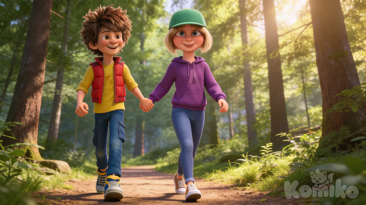 Adam y Emma caminando en el bosque