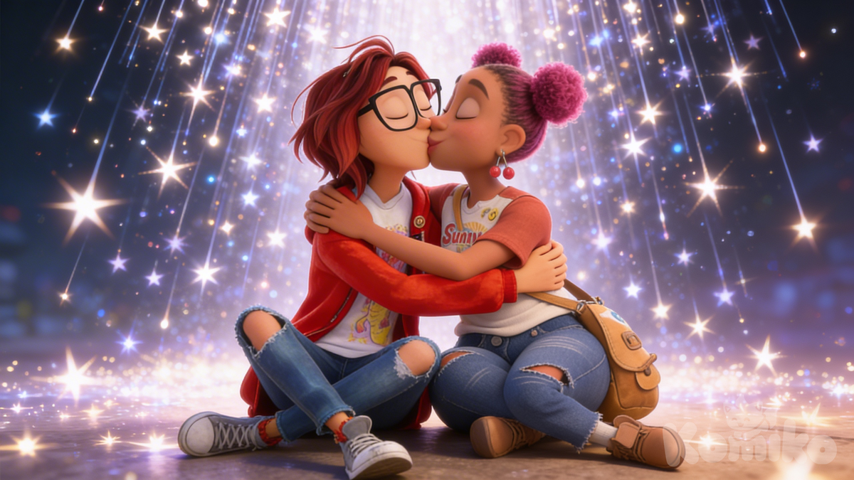Katie y Jade besando en una lluvia de estrellas
