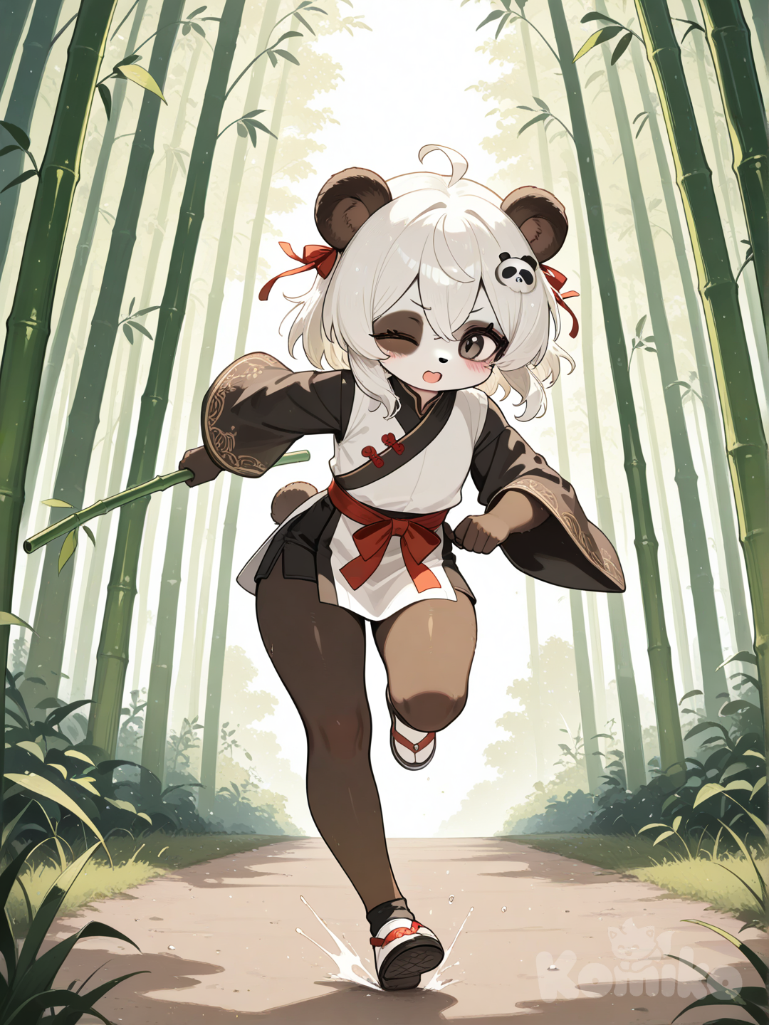 furry female, panda, A young girl, running while carrying a bamboo stalk, in a bamboo forest., one eye closed, full body