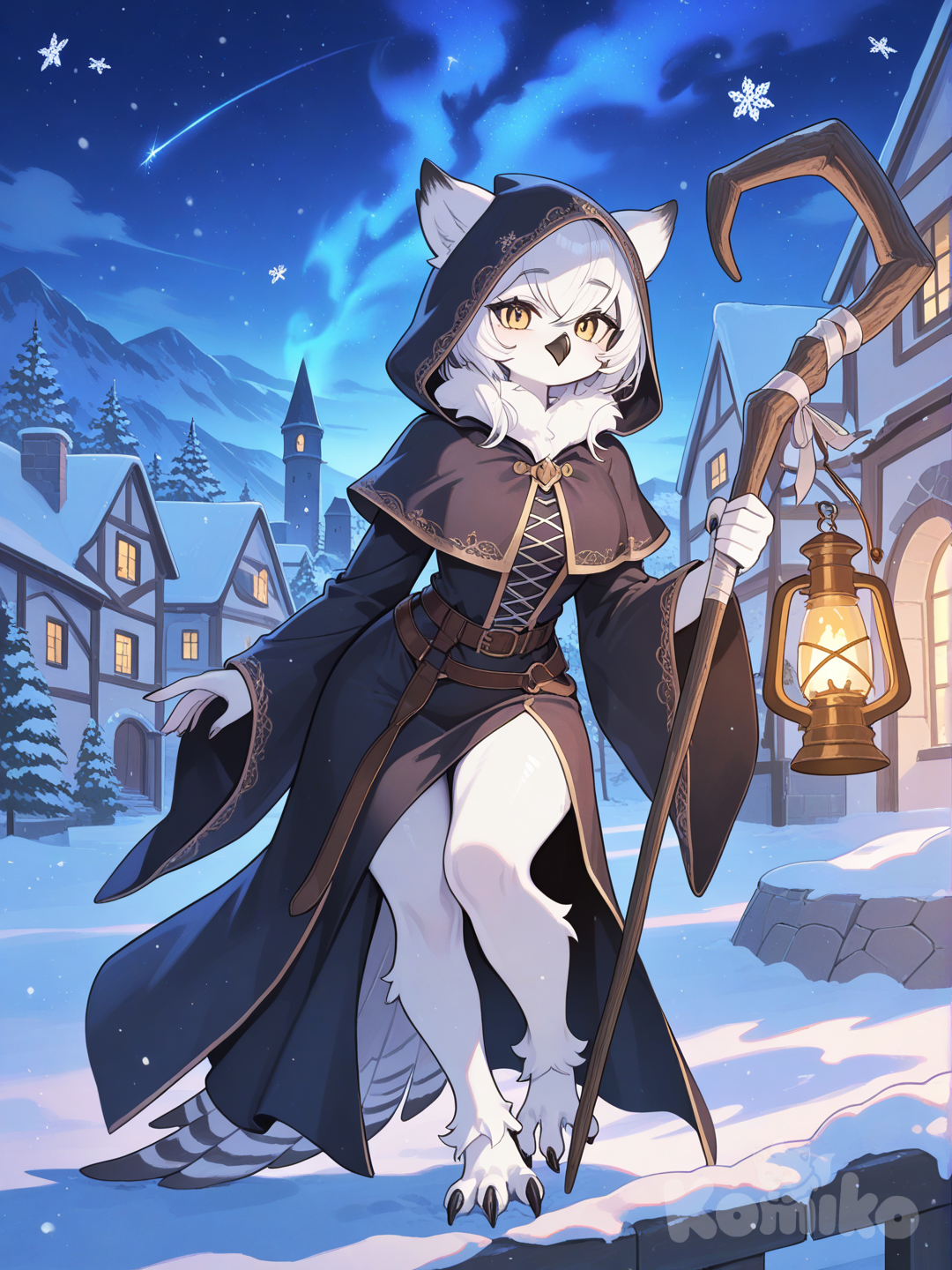 furry female, Medieval Fantasy, Snowy Owl, Northern cities,Sorcerer