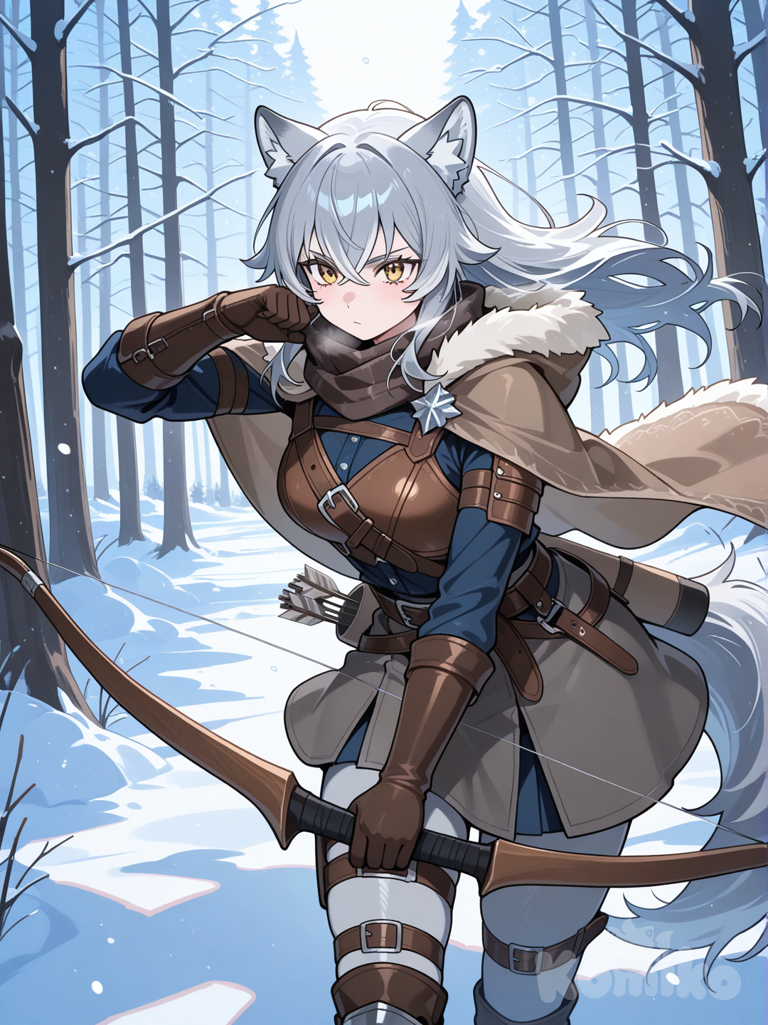 furry female, gray wolf, Hunter, forest, snowy,Hunting