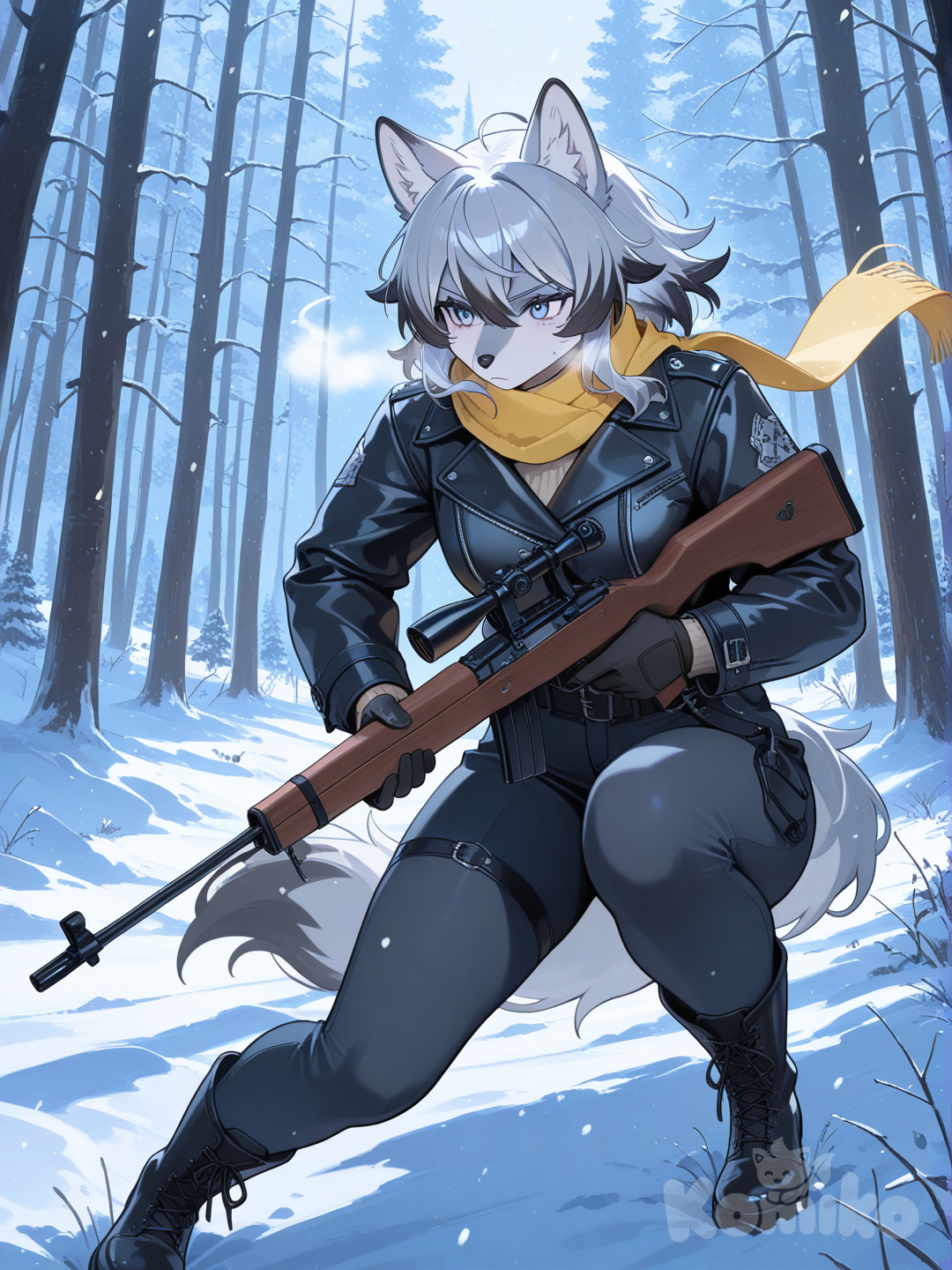 furry female, gray wolf, Hunter, forest, snowy,Hunting