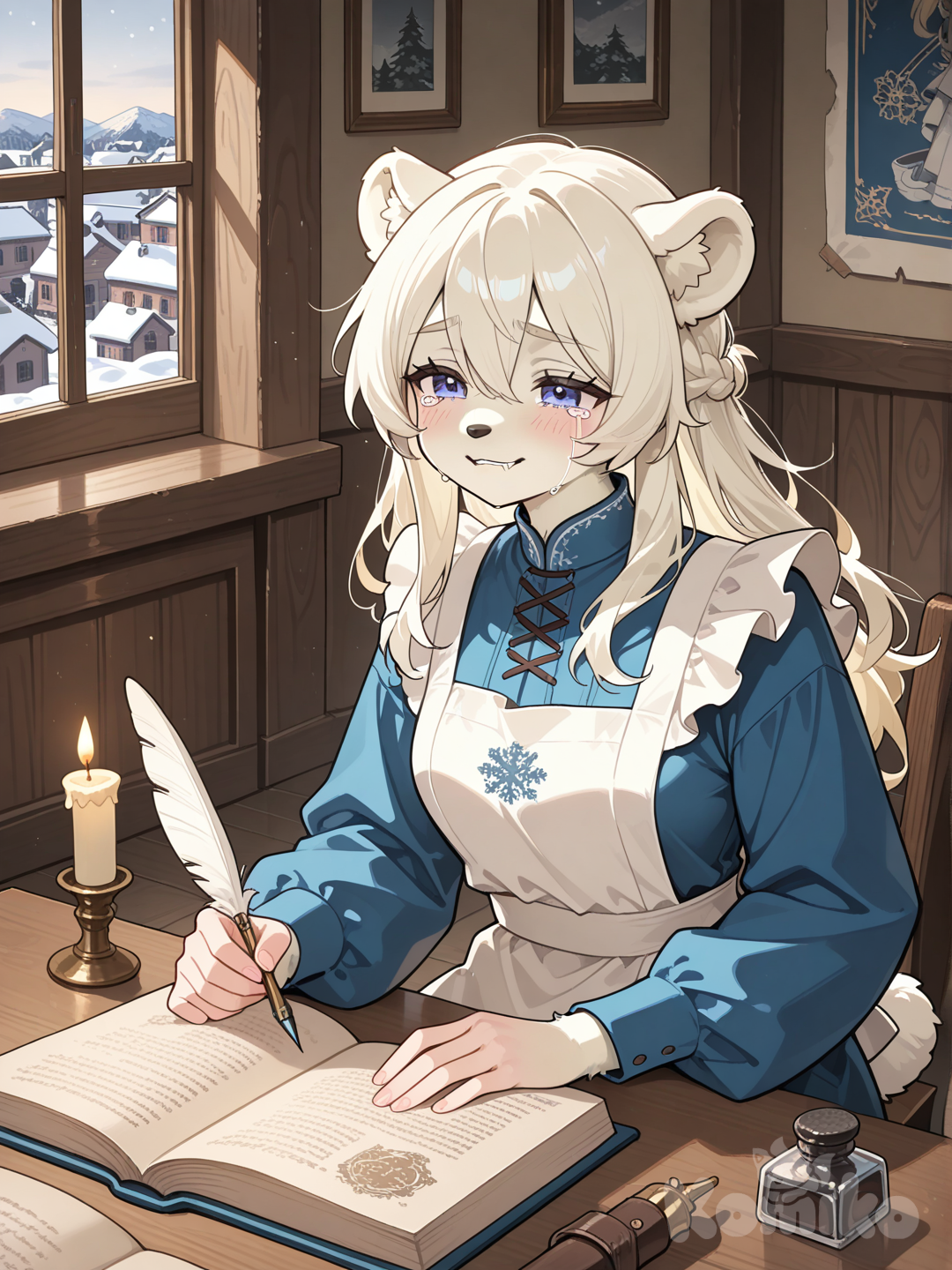 furry female, polar bear, Medieval period, she reluctantly sat down to do the accounting Festival day, office Northern cities, Smiling through tears.