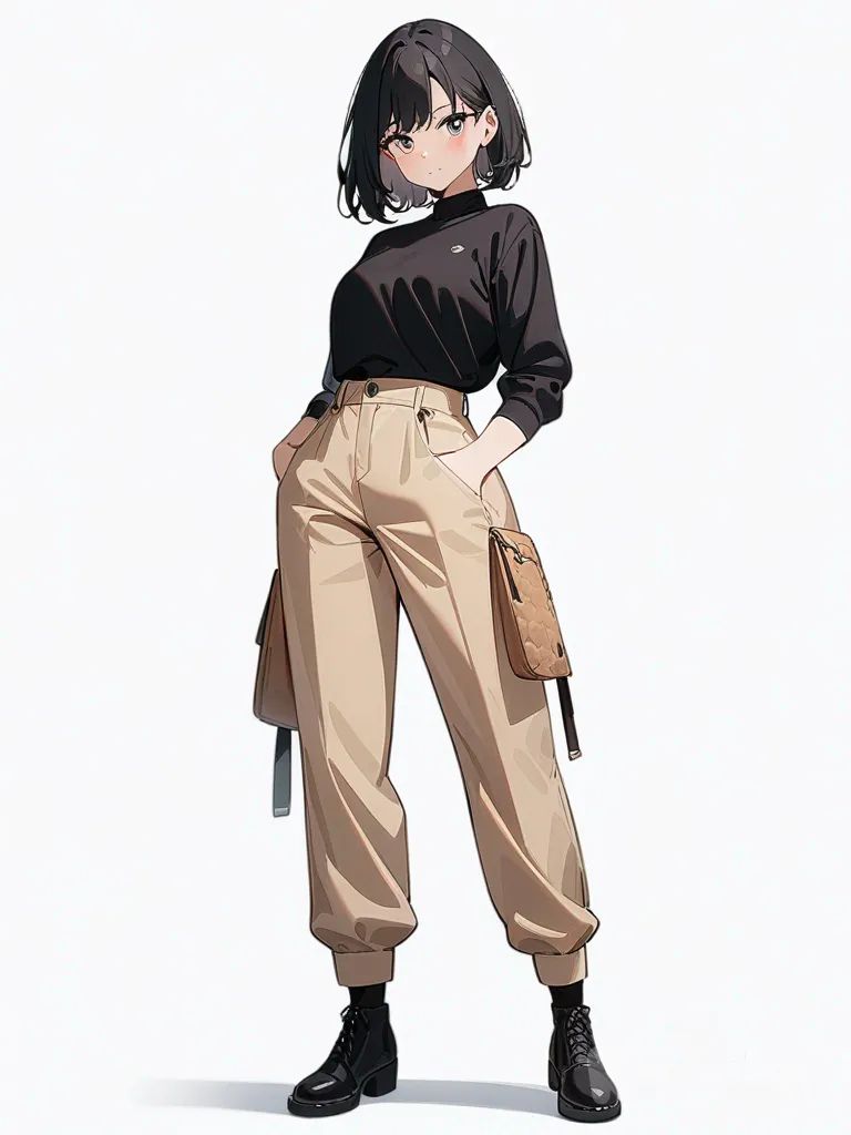1girl, black hair, single character, full body, looking at viewer, anime style, simple background, white background