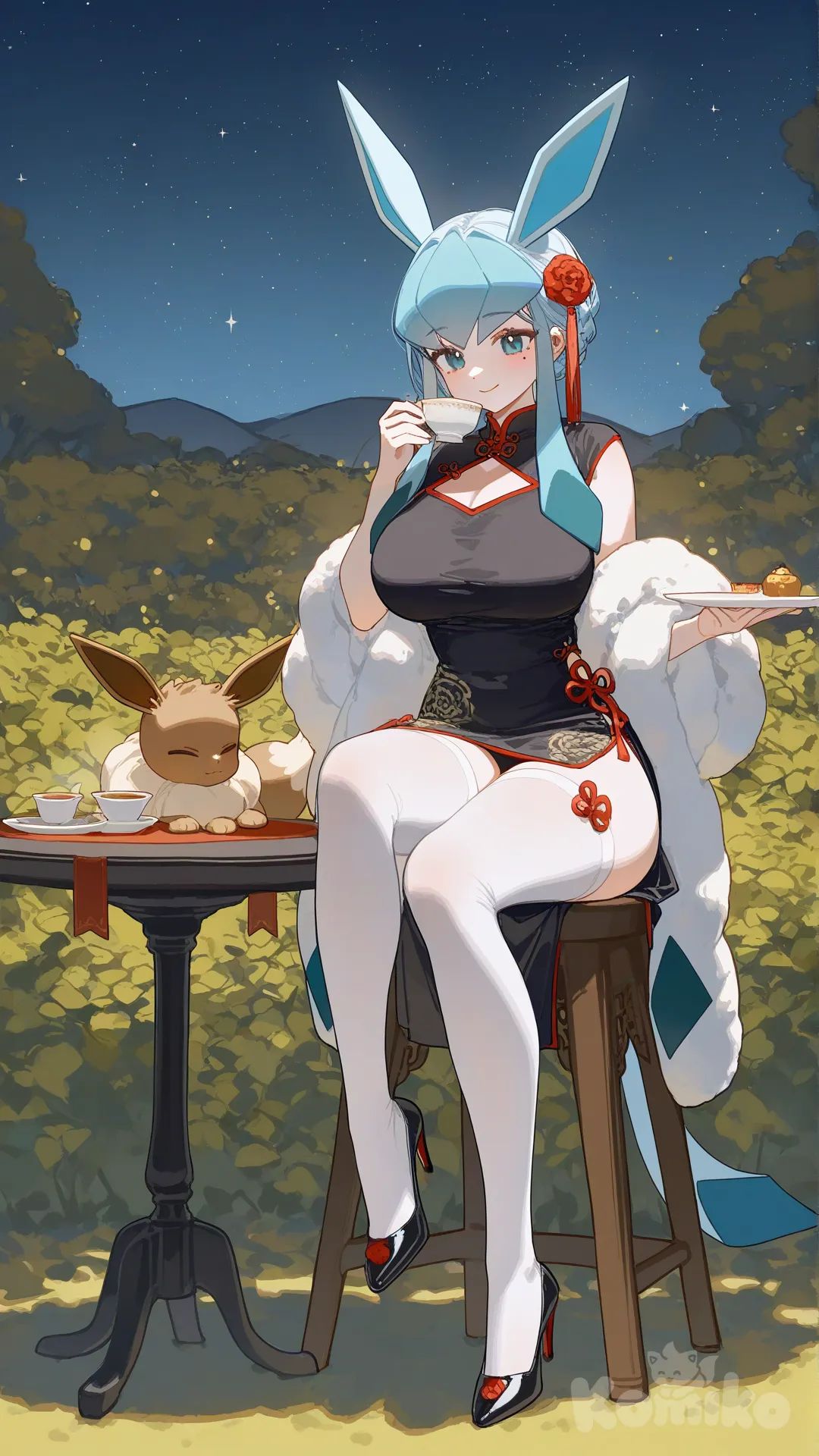@Glaceon拟人化, large breasts, wearing Qipao, 白丝袜, 古风高跟鞋, 坐在茶桌旁的凳子上喝茶, Eevee躺在脚边, night, garden, starry sky, [lacquered-illustration-style]
