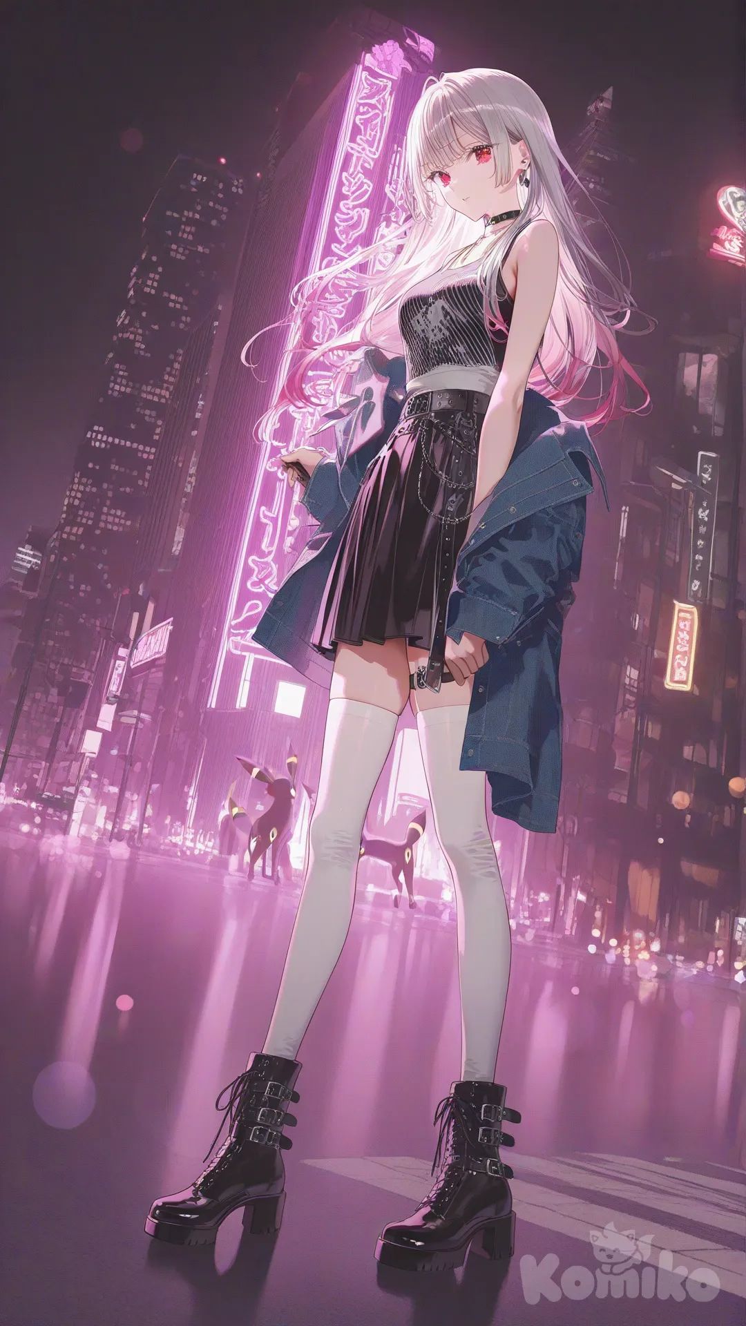 Umbreon, 拟人化, cool girl, 穿着吊带背心, 外搭朋克风牛仔外套, 超短裙, 白色长筒袜, 皮质长靴, 站在城市街道上, 1girl, full body, night, neon lights, skyscraper, [iridescent-style]