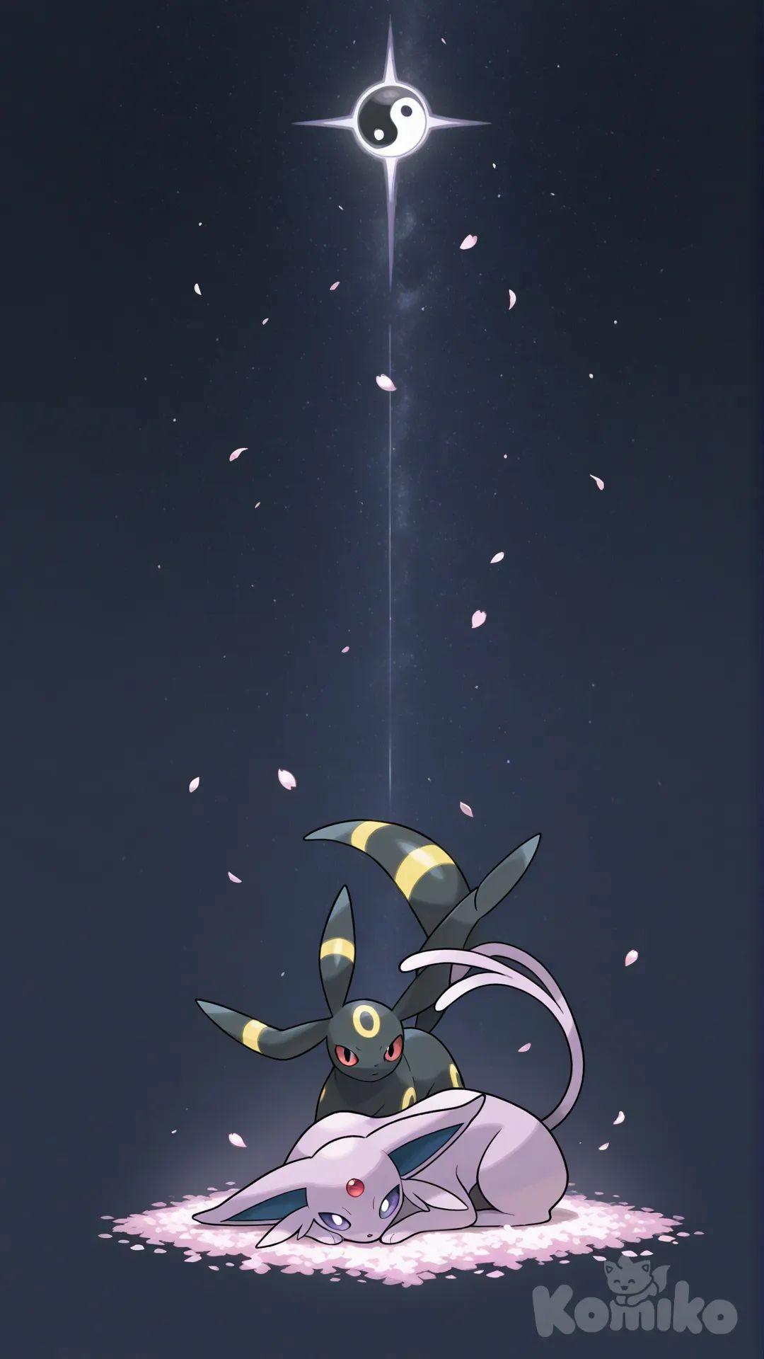 9:16, pokemon official art style, sugimori ken style, nintendo artwork, clean and simple background, 
a huge classic black and white taiji yin-yang symbol lying flat on the ground as platform, traditional fish shape with two small dots, 
umbreon lying on the white half, yellow rings glowing softly, red eyes, black fur, 
espeon lying on the black half, purple fur, red gem on forehead, 
both looking at viewer, relaxed pose, starry night sky, cherry blossom petals falling, soft moonlight, serene and elegant, extremely sharp focus