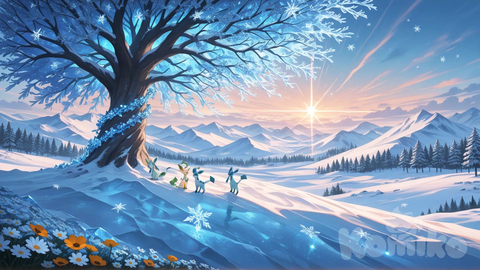 **Splitted landscape, half winter and half spring, divided by a magical, shimmering transition zone.**

**Left Side:** A majestic **Glaceon** stands on a frost-covered ice crystal rock. The scene is a frozen wasteland with sharp, snow-capped mountains in the background, illuminated by soft, silver-blue light and faint **Aurora Borealis**. Tiny, sparkling snowflakes and diamond dust float around. **High detail, cold color palette, ethereal glow.**

**Right Side:** A peaceful **Leafeon** rests in a lush, vibrant meadow, completely covered in a kaleidoscope of colorful wild flowers (daisies, poppies). A gigantic, ancient tree with sprawling branches dominates the background. The scene is bathed in warm, golden **volumetric sunlight**, with soft, cinematic light rays penetrating the leaves. **Warm color palette, hyper-foliage, soft focus.**

**Transition Zone:** The two halves are beautifully connected by a translucent, winding **archway made of glistening ice and intertwined blooming flower vines**, symbolizing harmony and contrast. The two Pokémon are gently facing each other.

**Style:** **Fantasy illustration, highly octane rendering, cinematic lighting, dramatic composition, epic .**