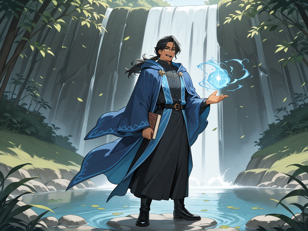 1 boy, mature male, tall, tan skin, long black hair, low ponytail, glasses, hazel eyes, formal ruffled shirt, blue wizard robes, long sleeves, holding a magic tome, casting magic, smirk, open mouth, full body, looking at viewer, day, lake, leaves falling, waterfall, [glossy-anime-style]