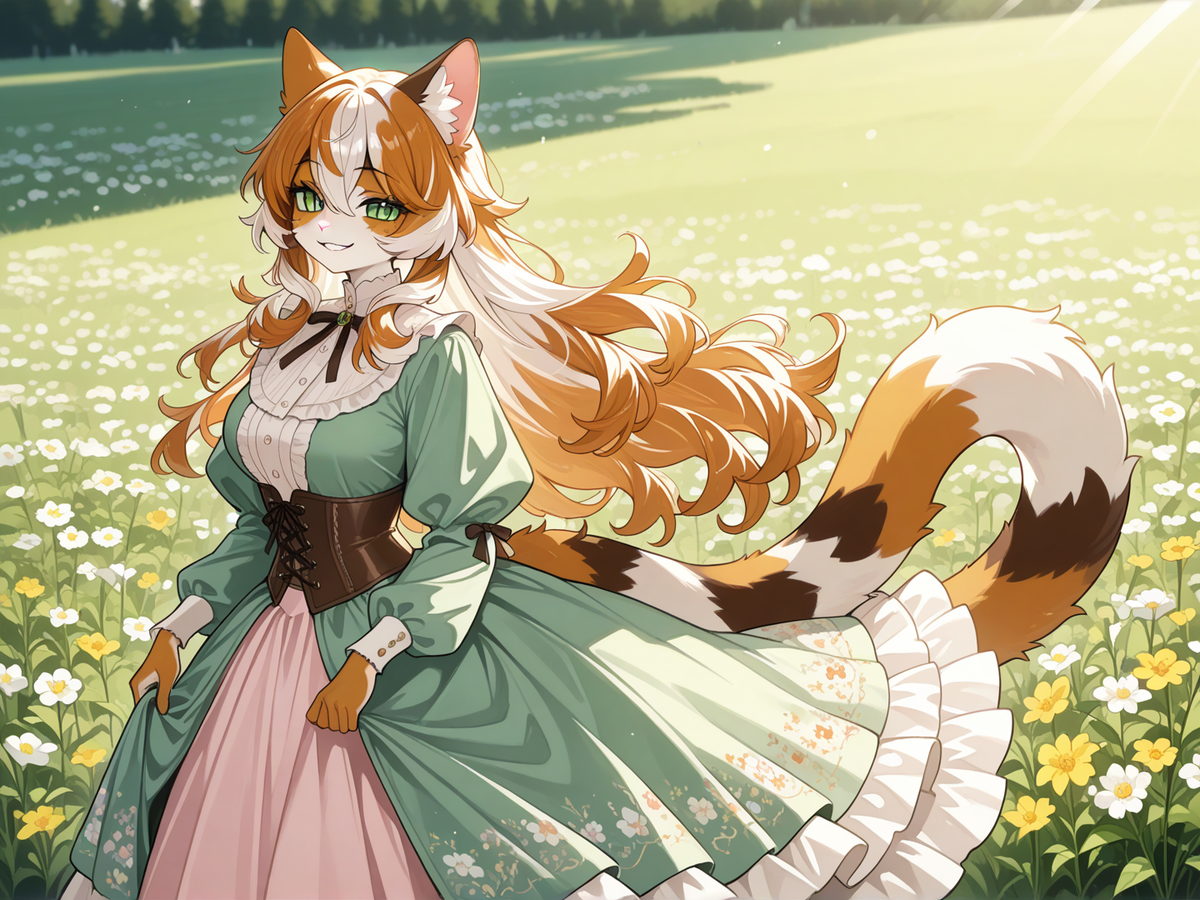 Calico in a flower field