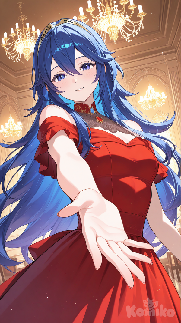 lucina (fire emblem), red dress, facing viewer, smile, bare shoulders, ballroom, offering hand, dutch angle, upper body