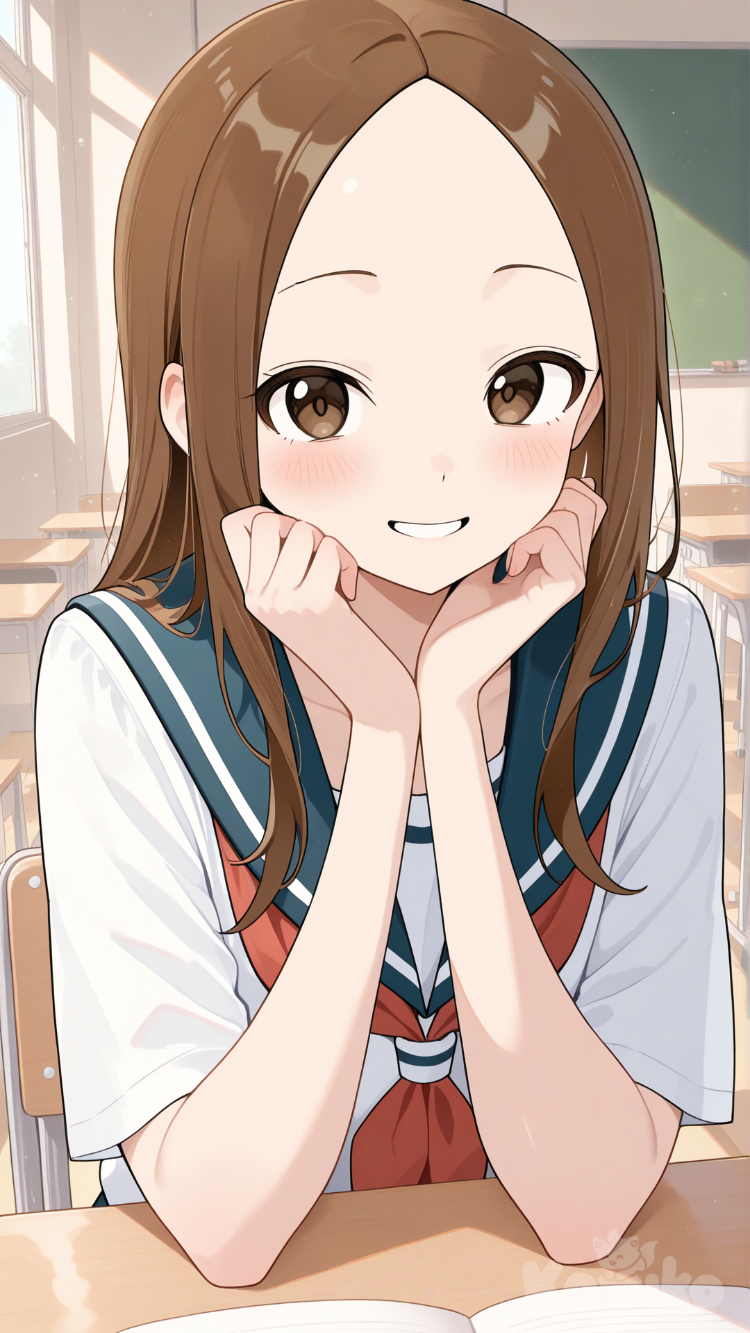 takagi-san, aged up, school uniform, school desk, elbows on table, hands on own cheeks, looking at viewer, smile