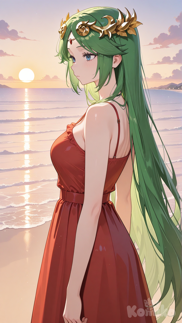 palutena, red sundress, on beach, upper body, sunset, from side, looking ahead, standing, arms at sides, expressionless
