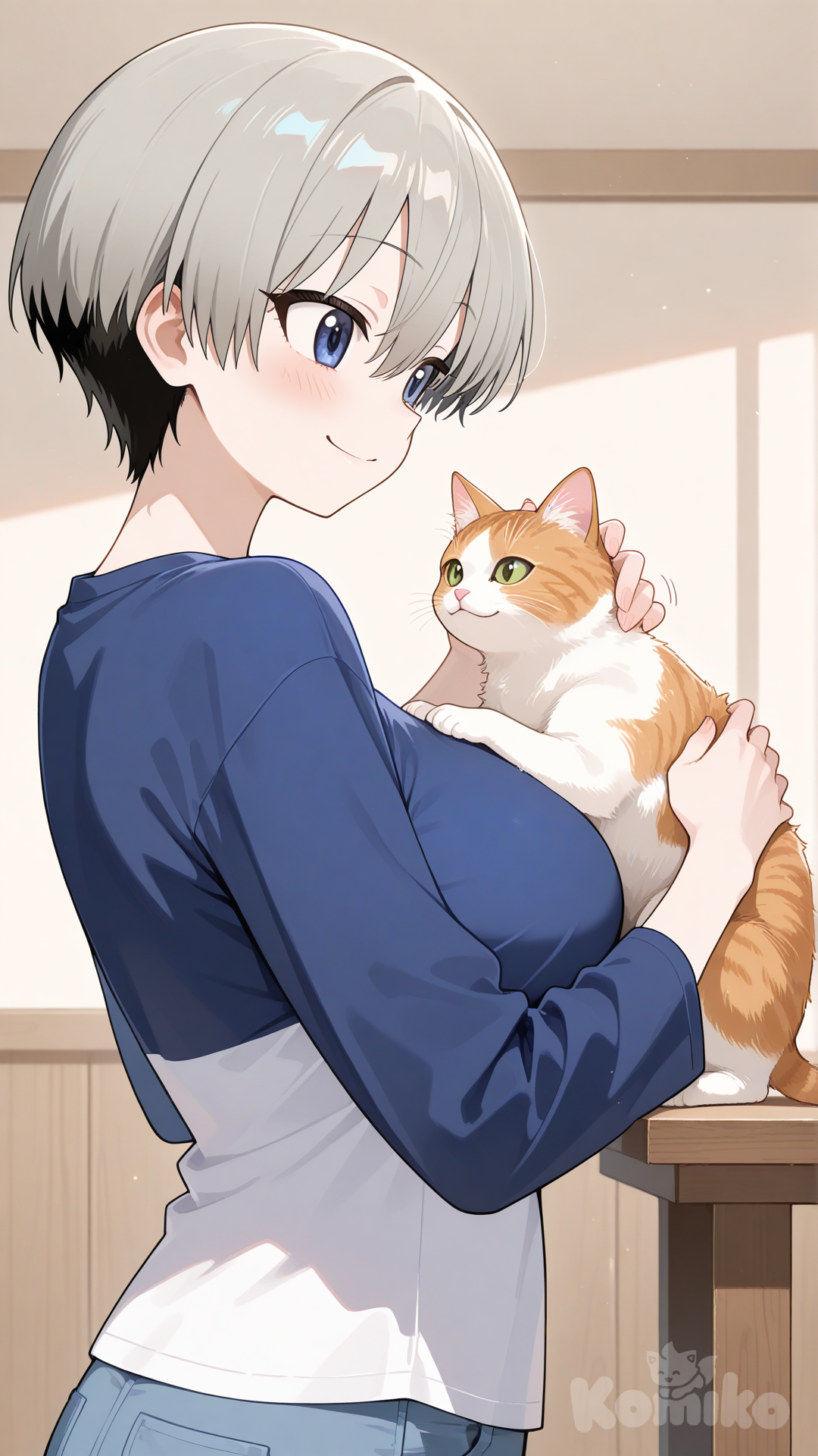uzaki hana, standing, from side, table, cat, petting, smile, upper body