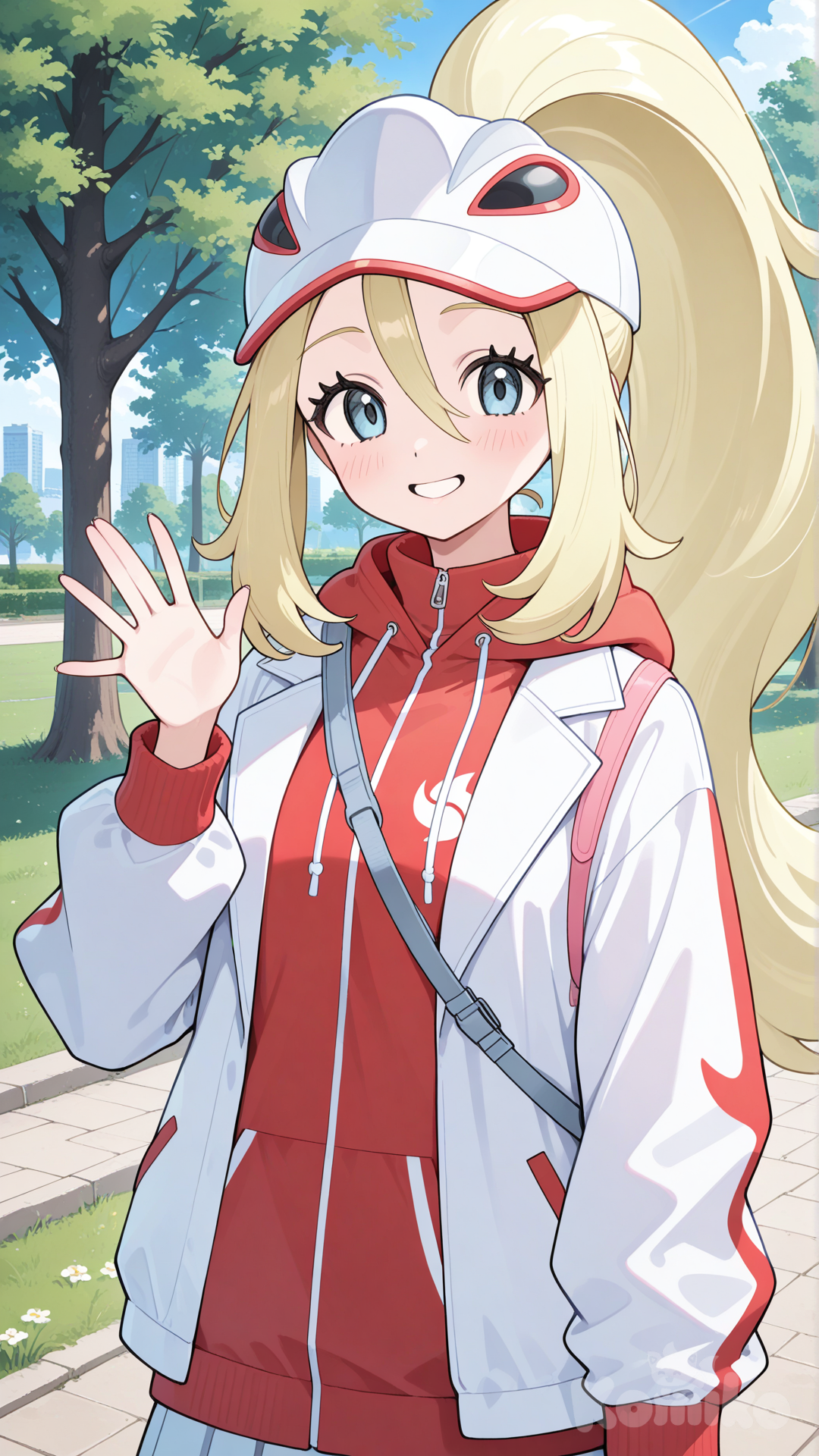 korrina (pokemon), official alternate costume, park, smile, upper body, facing viewer, waving