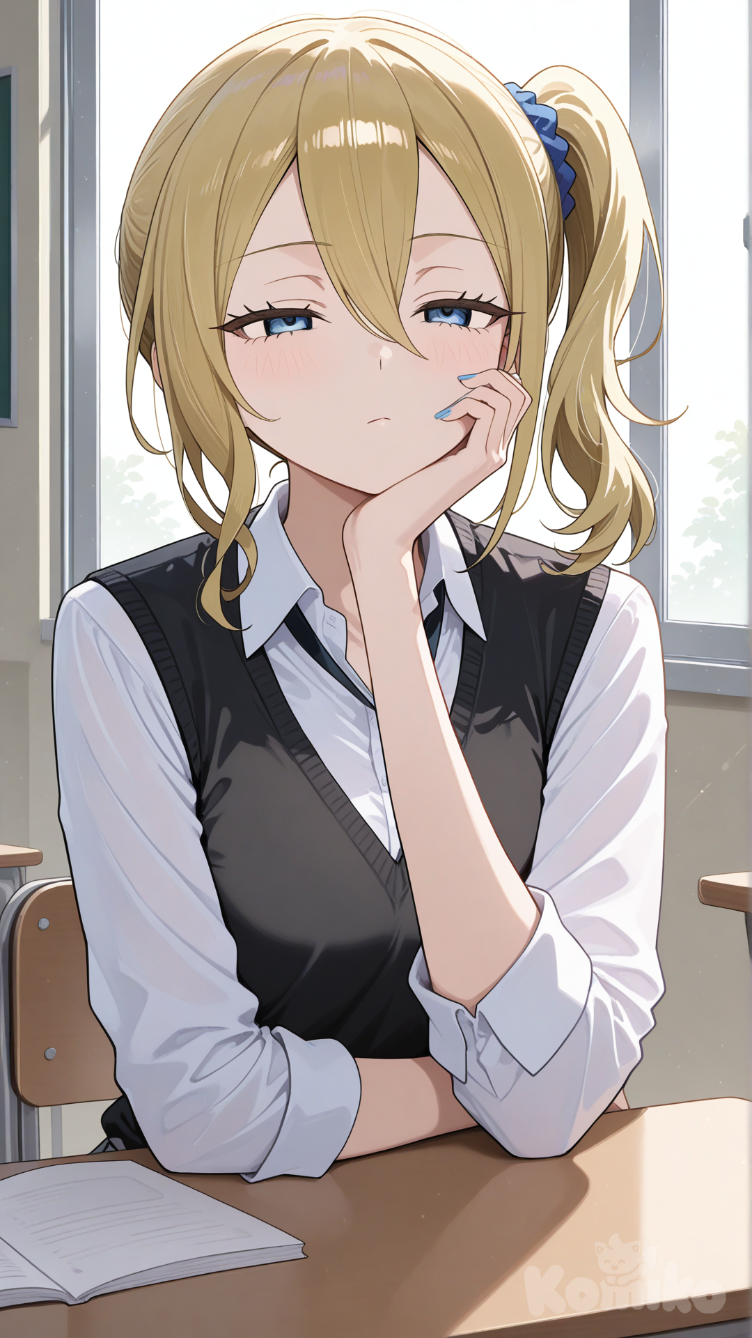 hayasaka ai, school uniform, school desk, bored, elbow on table, hand on own cheek, expressionless, half-closed eyes, school, upper body