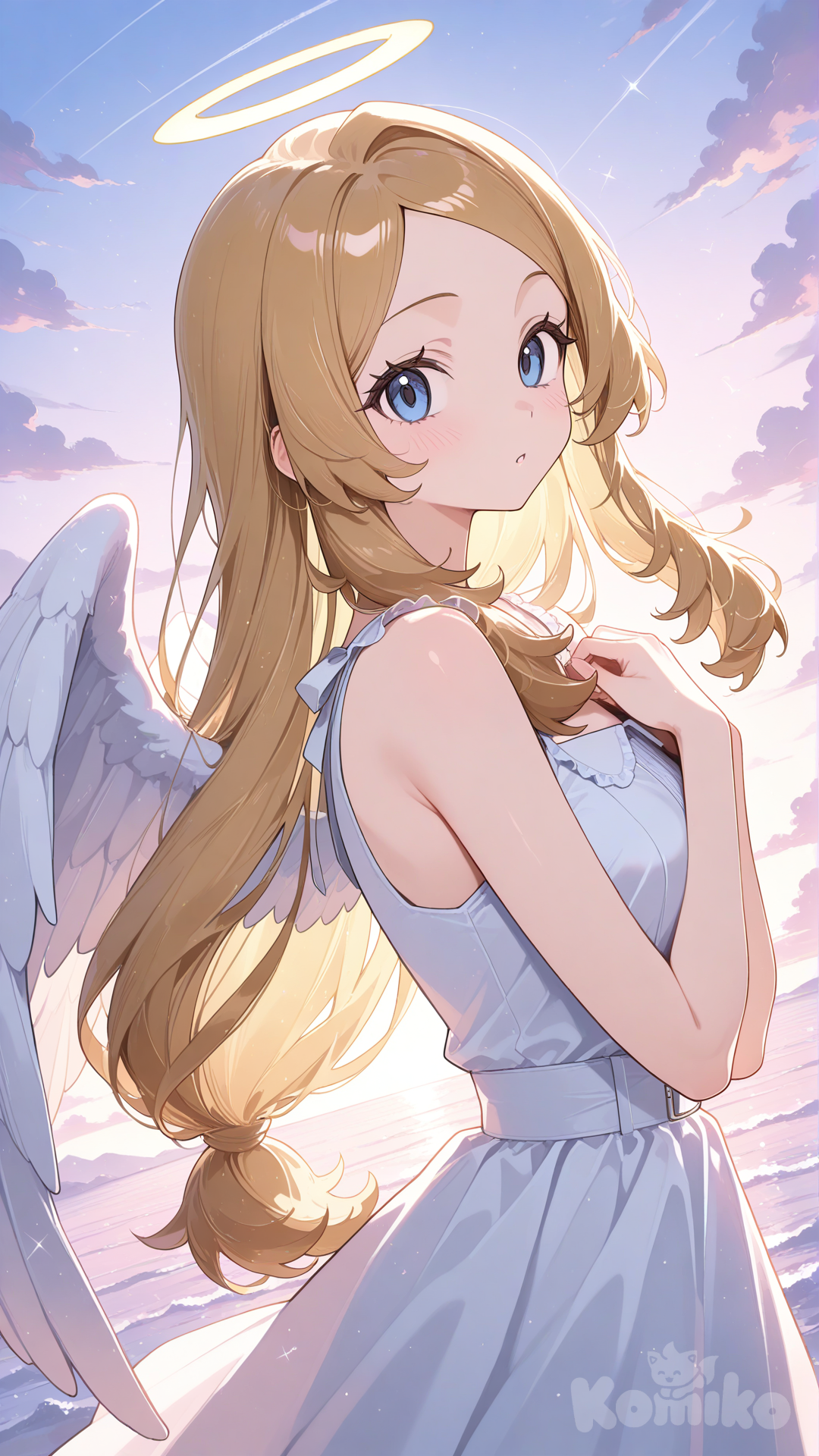 serena (pokemon), angel wings, halo, flying, heaven, dutch angle, from side, hands on own chest, looking at viewer, curious expression, upper body, white dress, square neckline