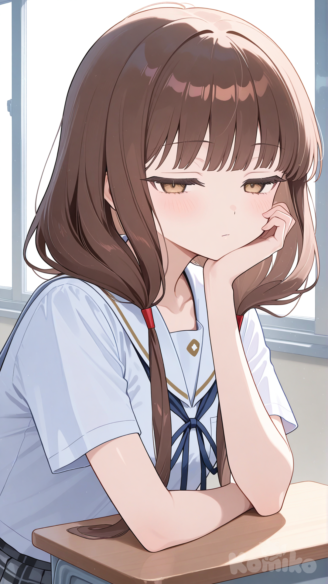 iino miko, school uniform, school desk, bored, elbow on table, hand on own cheek, looking outside, expressionless, half-closed eyes, school, upper body