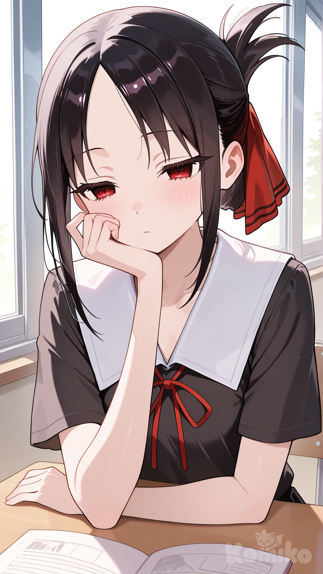 shinomiya kaguya, school uniform, school desk, bored, elbow on table, hand on own cheek, looking outside, expressionless, half-closed eyes, school, upper body