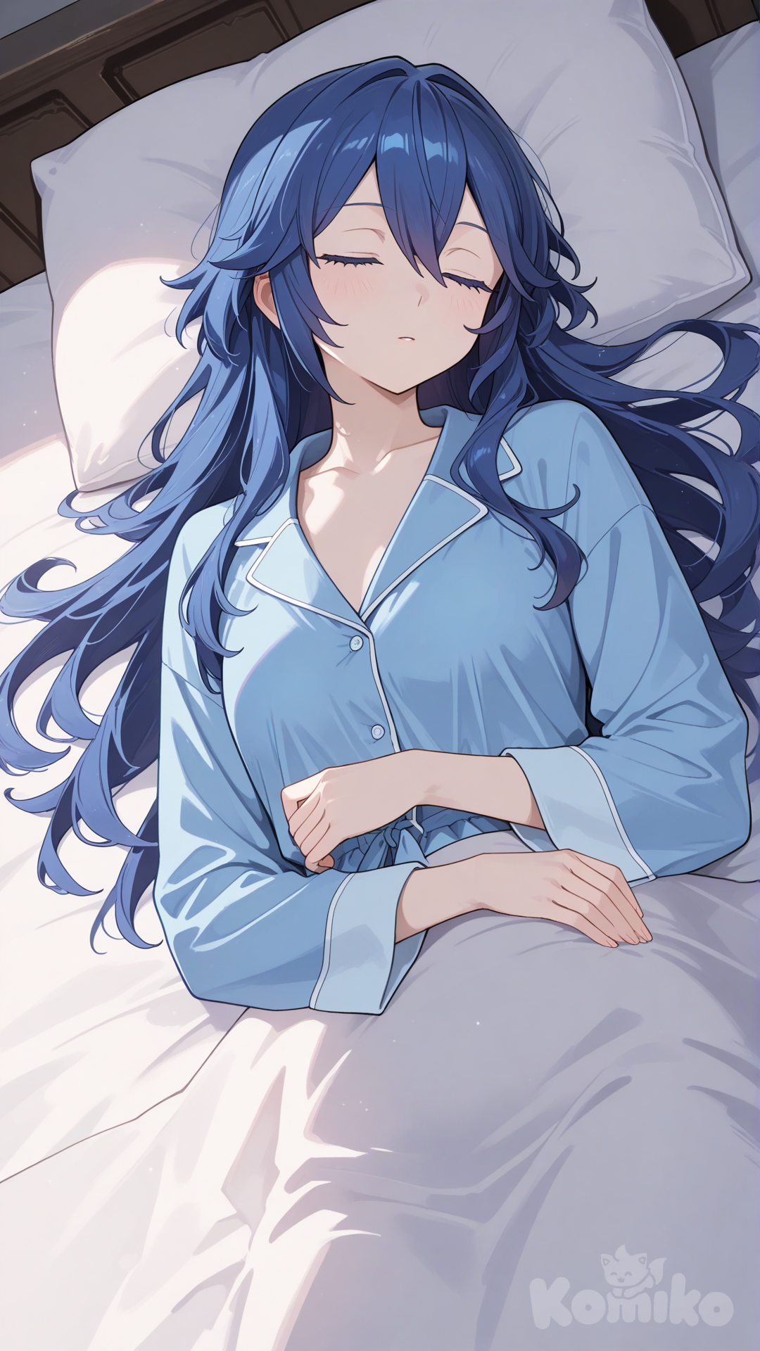 lucina (fire emblem), blue pajamas, on bed, sleeping, on back, upper body, dutch angle, upper body
