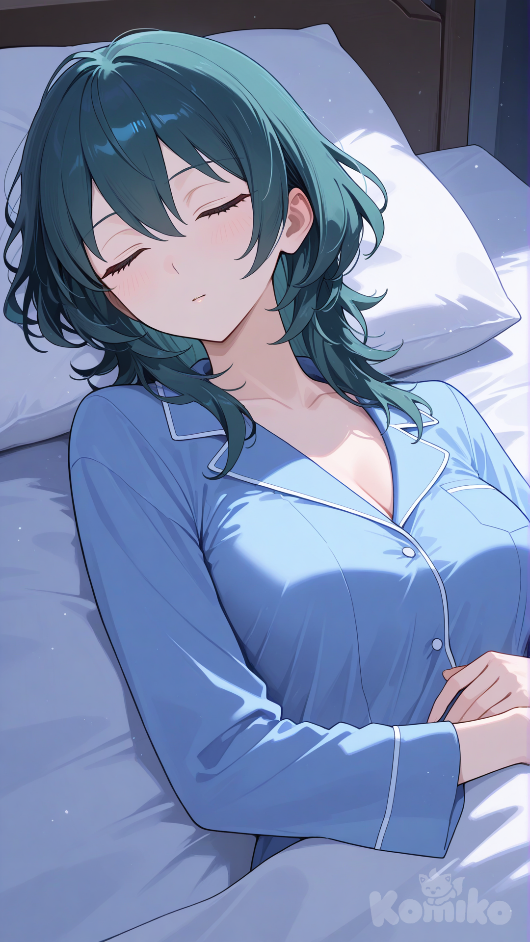 female byleth (fire emblem), blue pajamas, on bed, sleeping, on back, upper body, dutch angle, upper body