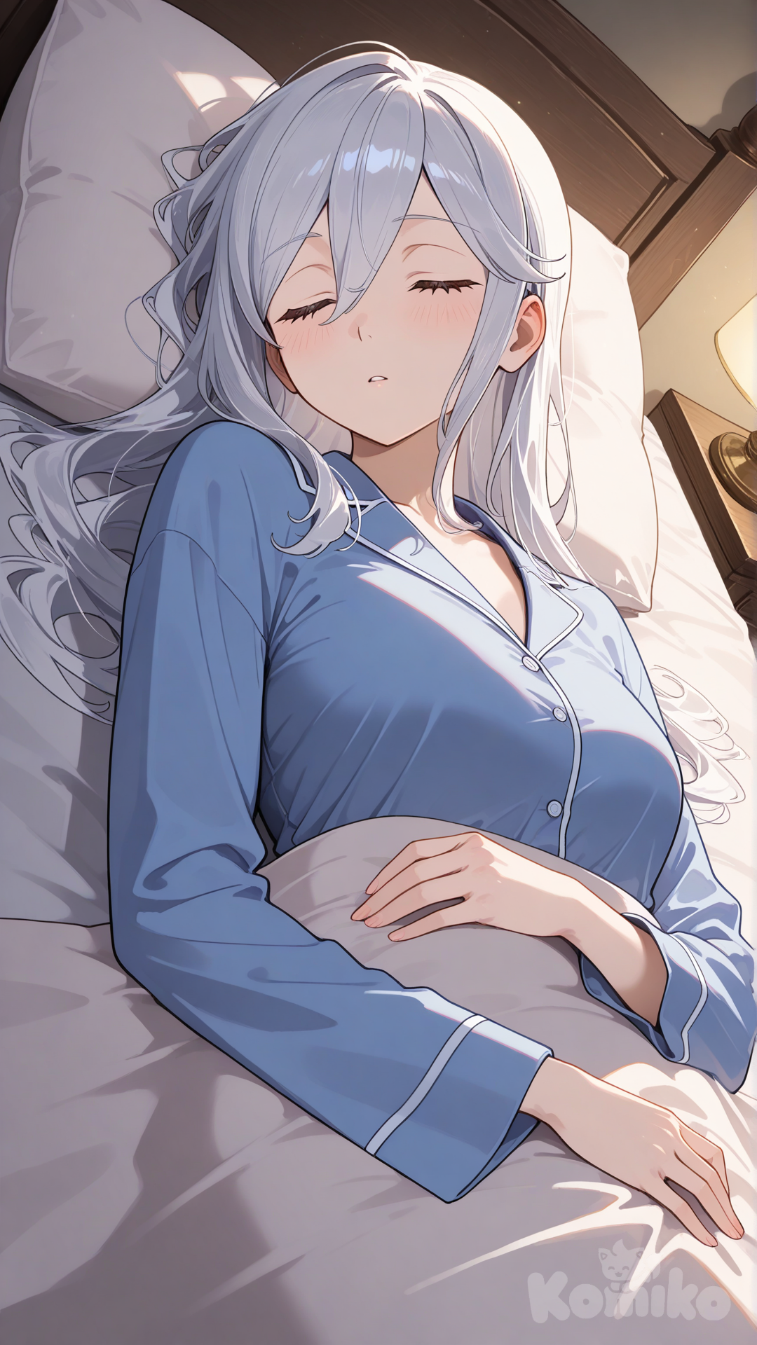female robin, fire emblem, blue pajamas, on bed, sleeping, on back, upper body, dutch angle, upper body
