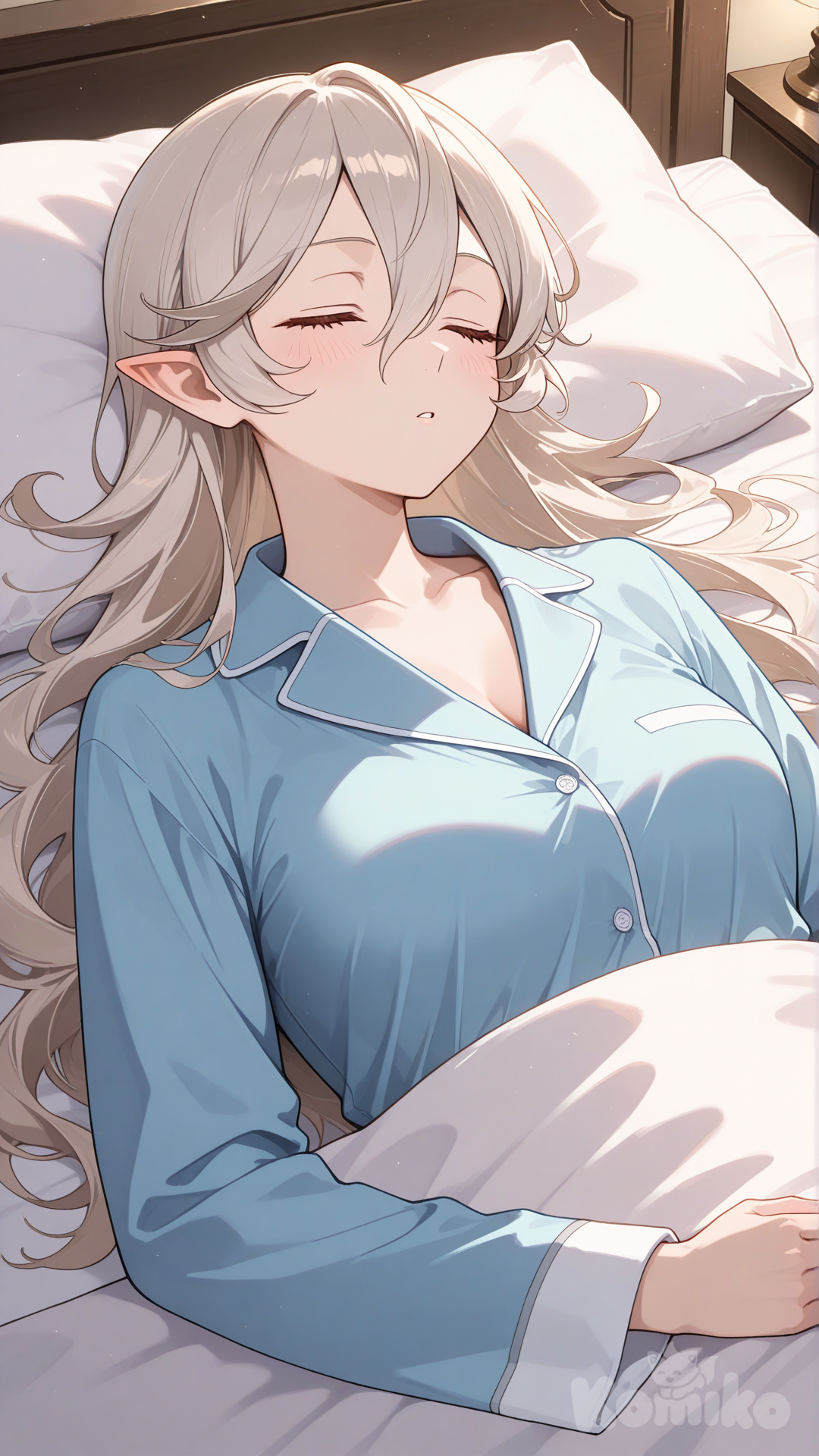 female corrin (fire emblem), blue pajamas, on bed, sleeping, on back, upper body, dutch angle, upper body