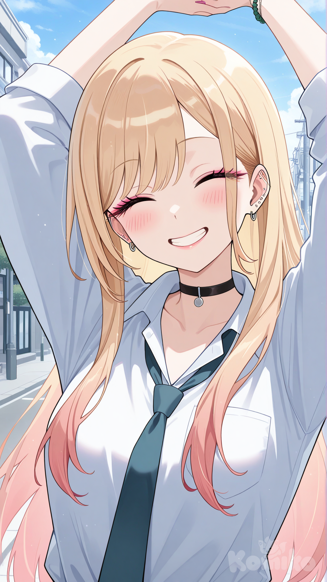 kitagawa marin, arms up, outstretched arms, arms above head, head tilt, arms stretching, street, eyes closed, close-up, solo, school uniform
