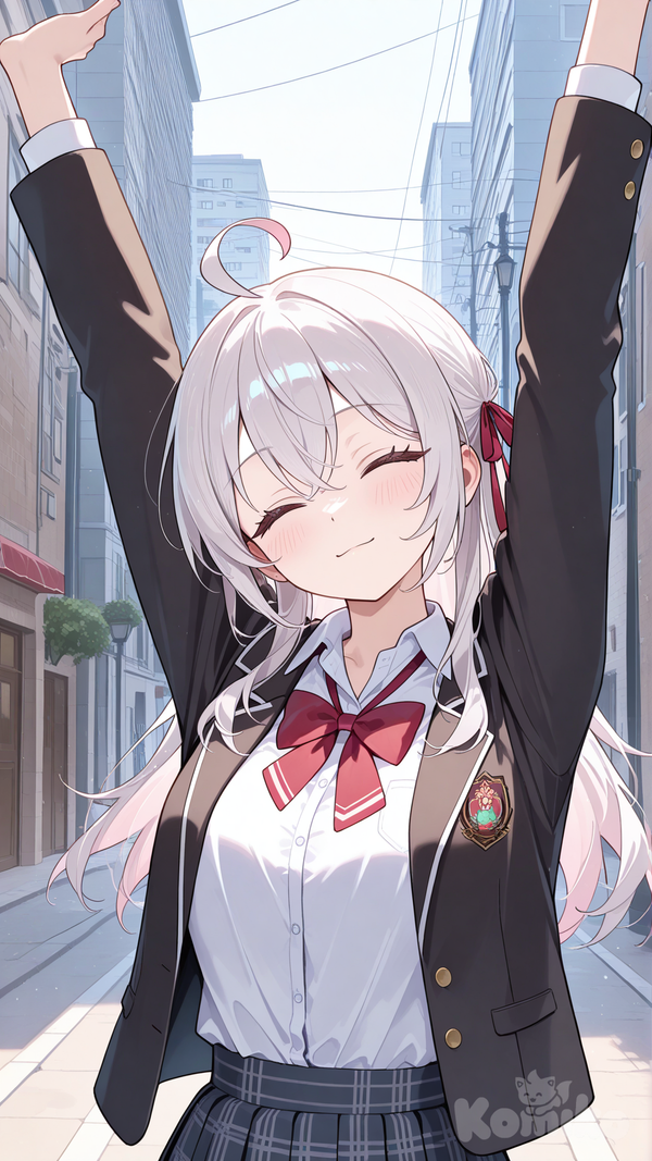 alisa mikhailovna kujou, arms up, outstretched arms, arms above head, head tilt, arms stretching, street, eyes closed, close-up, solo, school uniform
