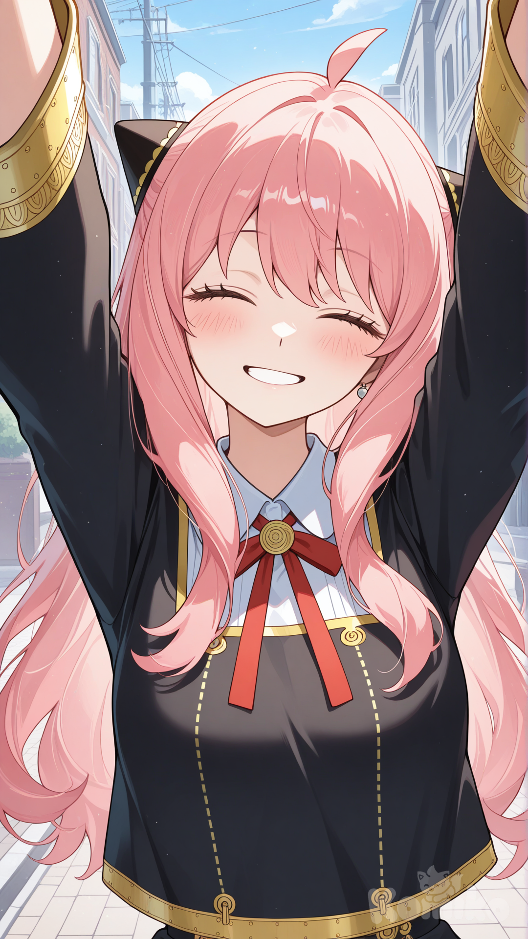 anya (spy x family), aged up, arms up, outstretched arms, arms above head, head tilt, arms stretching, street, eyes closed, close-up, solo, school uniform
