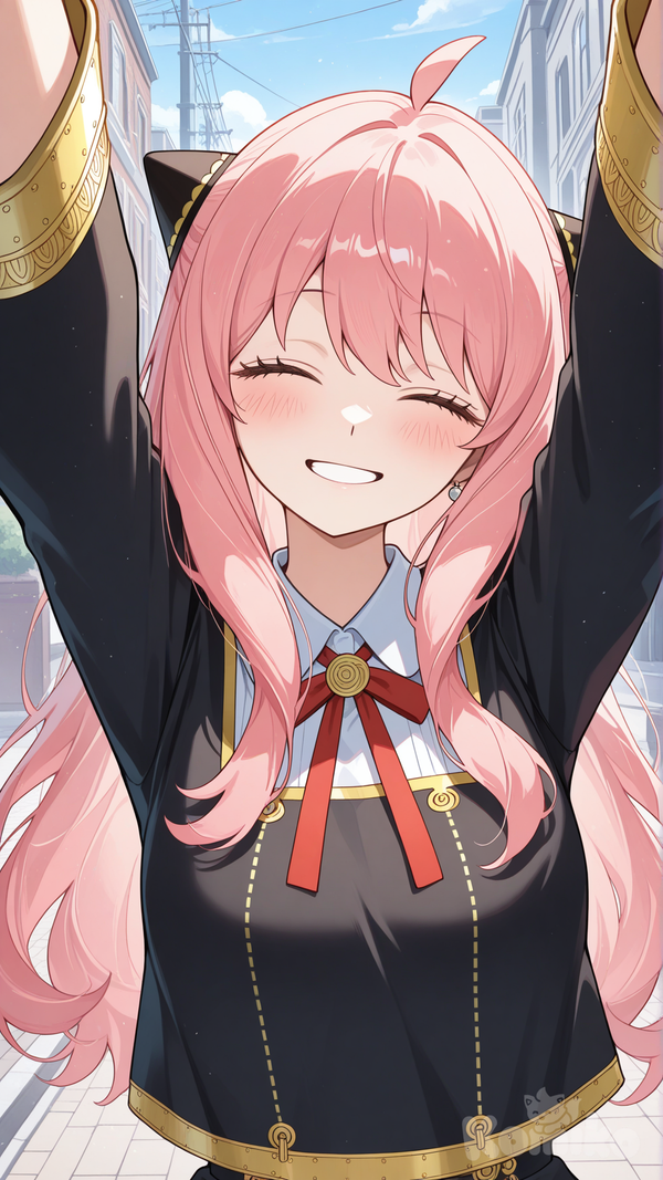 anya (spy x family), aged up, arms up, outstretched arms, arms above head, head tilt, arms stretching, street, eyes closed, close-up, solo, school uniform