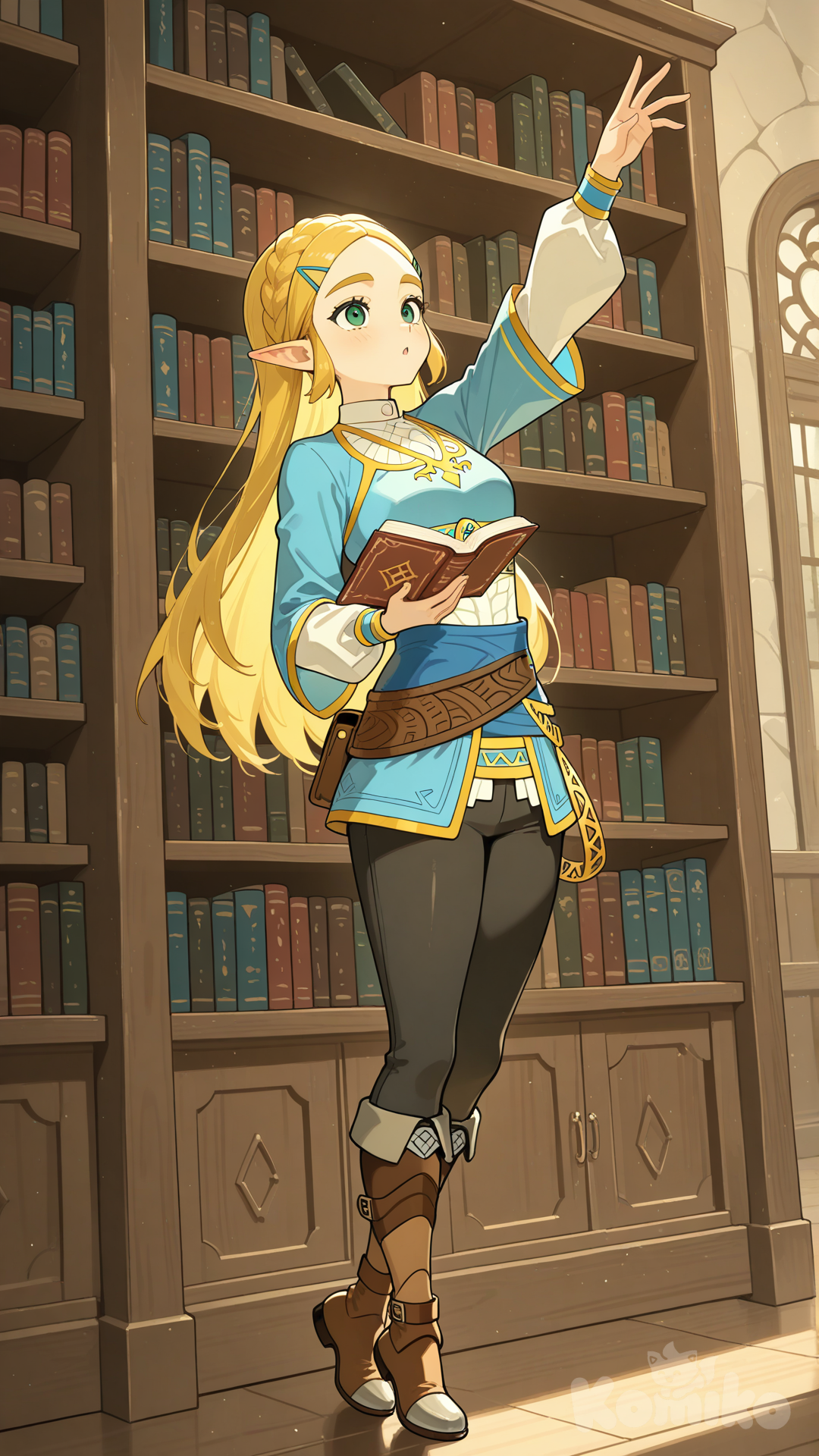 princess zelda, the legend of zelda: breath of the wild, library, bookshelf, reaching for book, curious expression