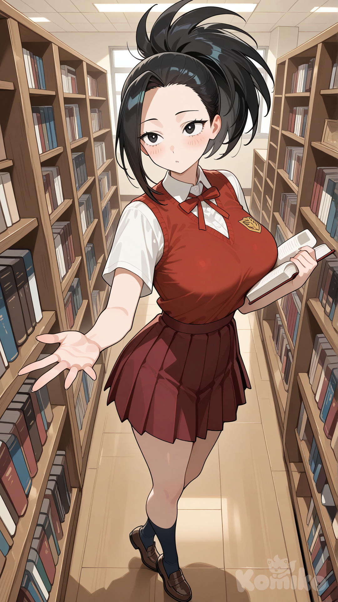 yaoyorozu momo, library, bookshelf, reaching for book, curious expression