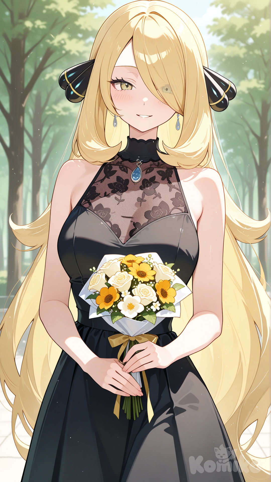 cynthia (pokemon), black dress, sleeveless dress, holding bouquet, facing viewer, parted lips