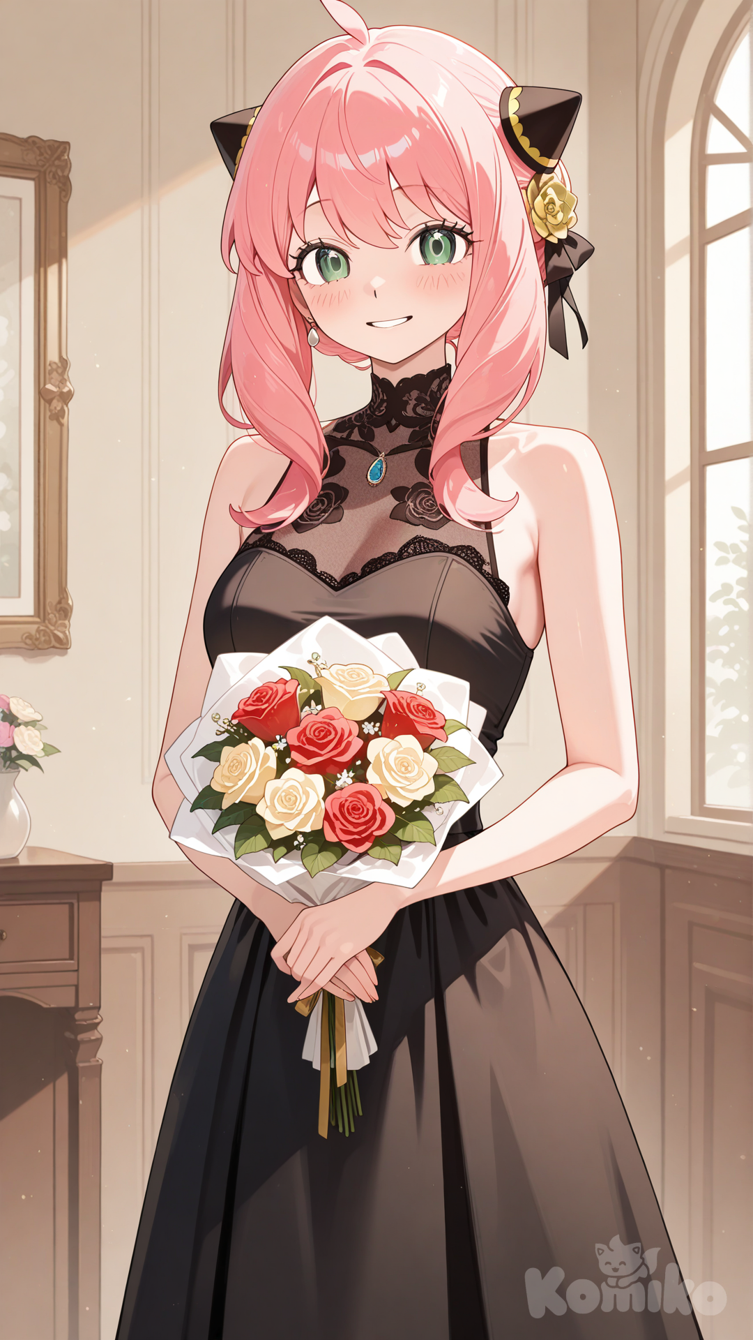anya (spy x family), aged up, black dress, sleeveless dress, holding bouquet, facing viewer, parted lips