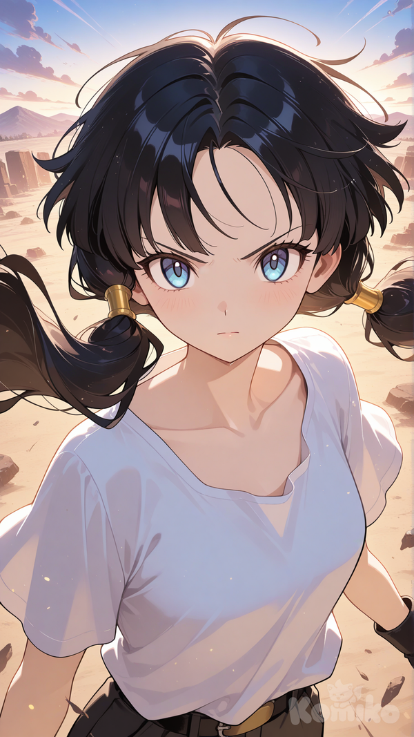 videl, official style, serious, looking at viewer, flying, white shirt, twintails