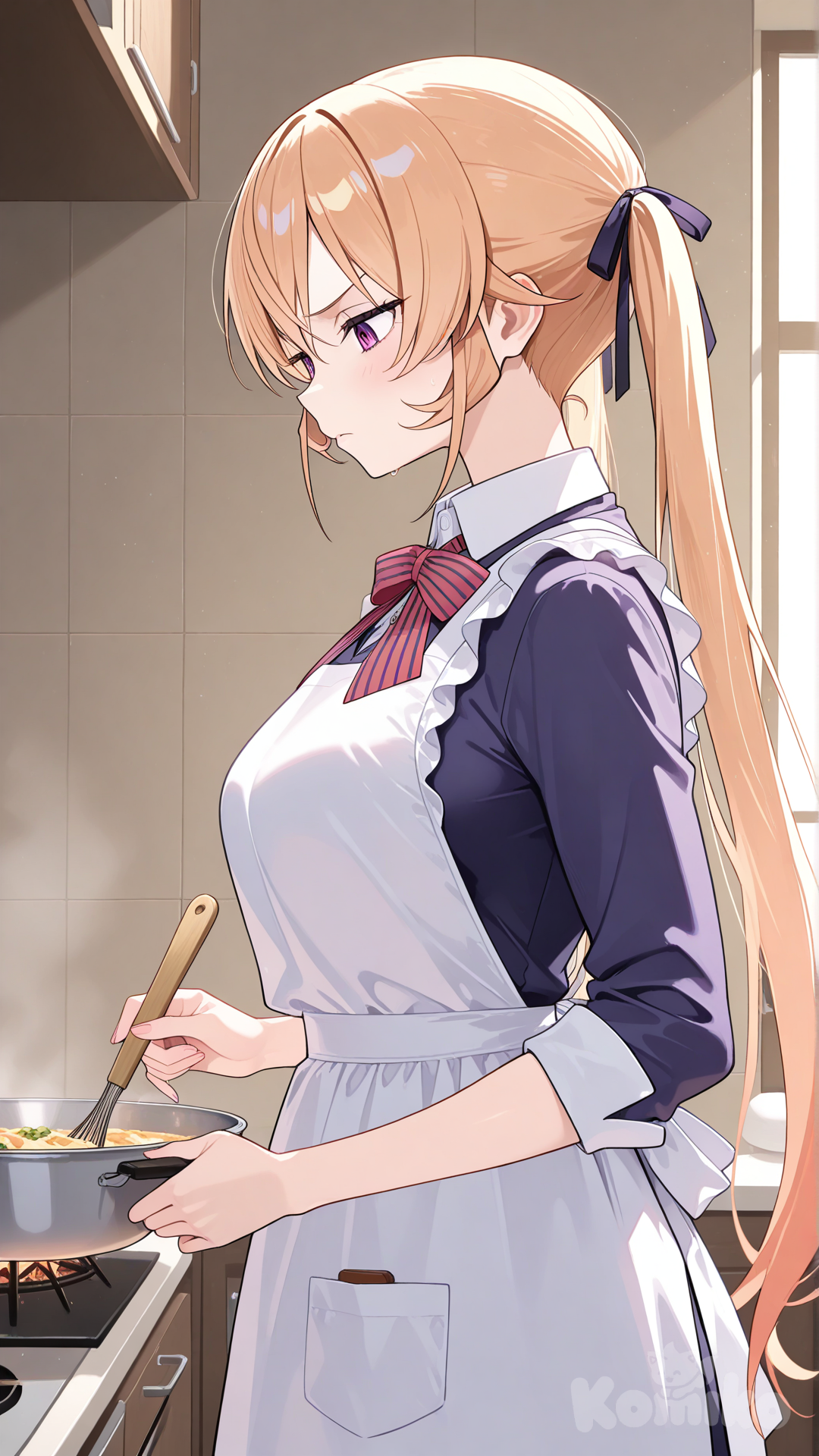 nakiri erina, official style, cooking, from side, upper body, serious, looking down, light frown, furrowed brow