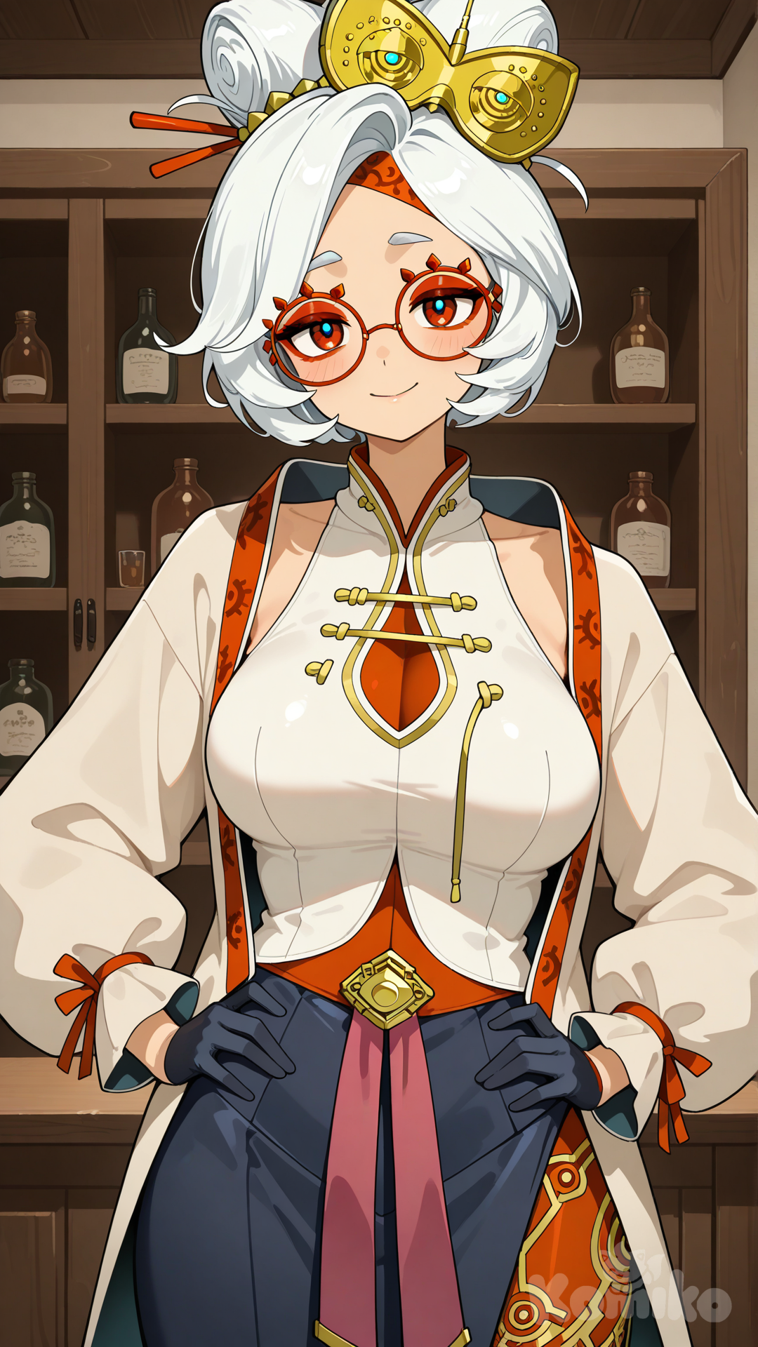 purah, facing viewer, looking at viewer, hands on own hips, smile