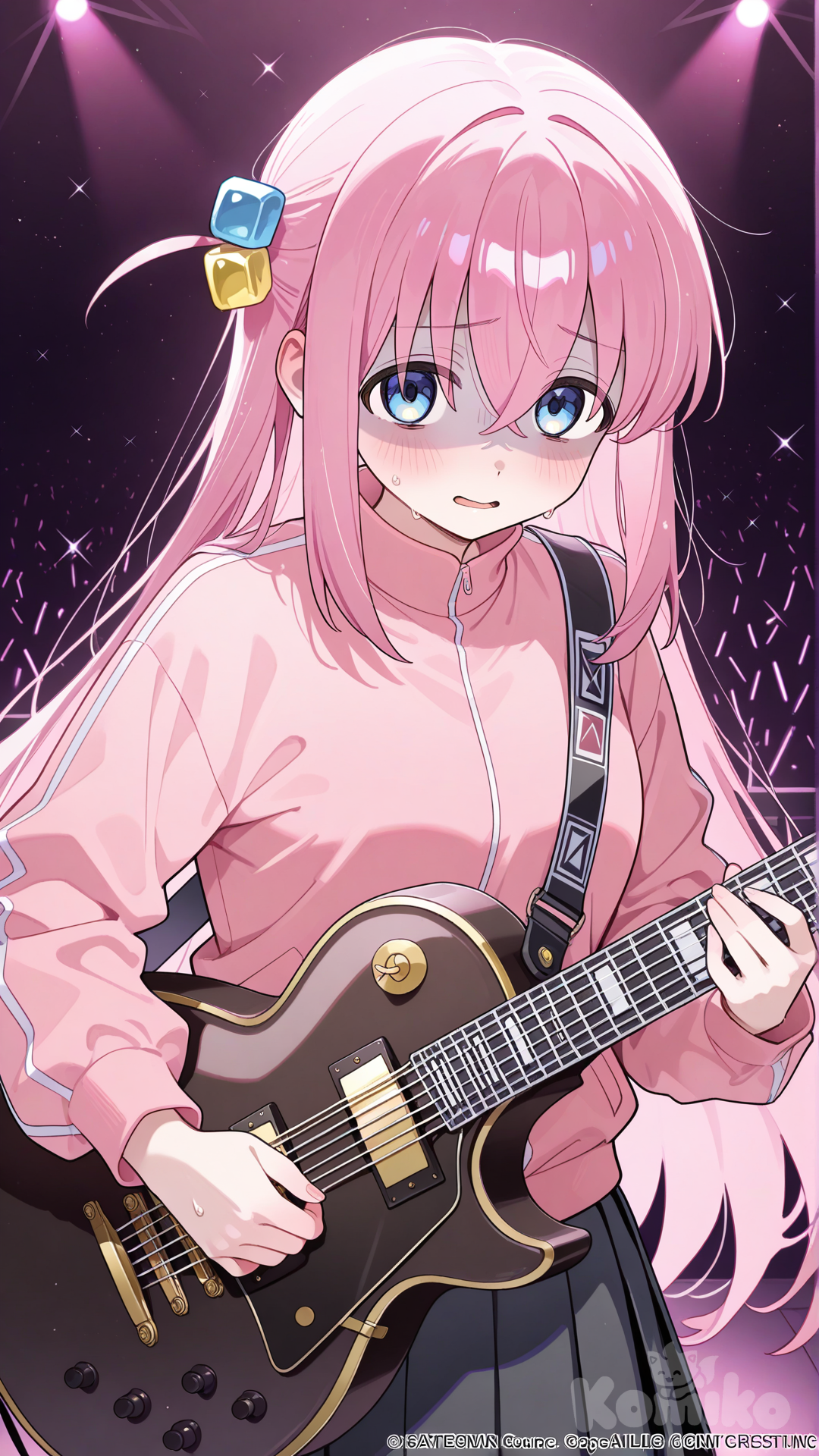 gotoh hitori, official style, playing guitar, nervous, blush