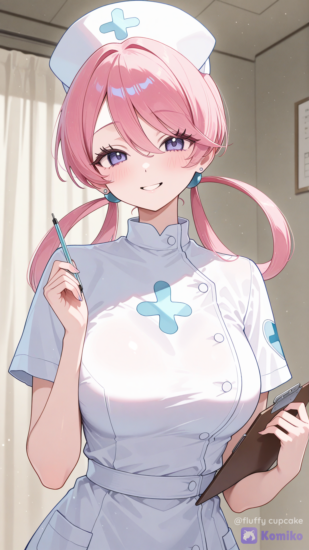 nurse joy (pokemon), nurse, holding clipboard, facing viewer, smile, upper body