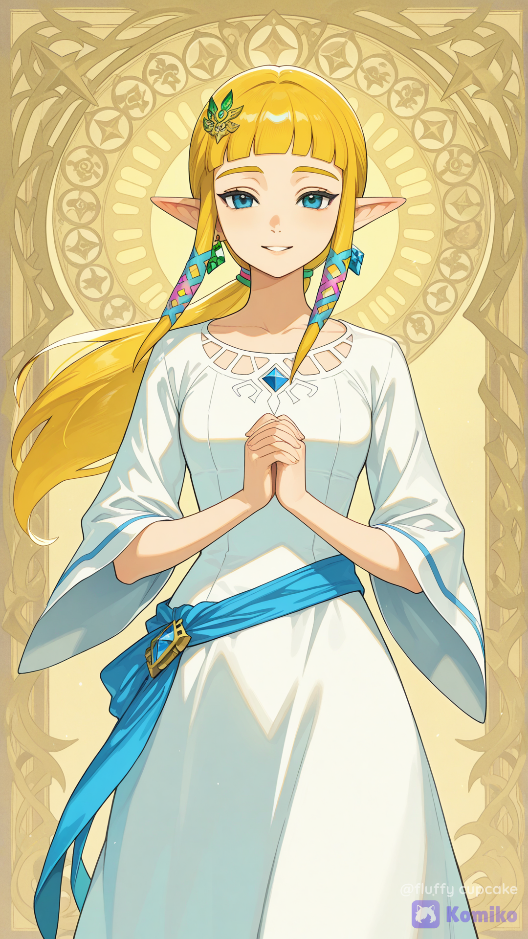 princess zelda, the legend of zelda: skyward sword, facing viewer, official style, own hands clasped, light smile, open eyes