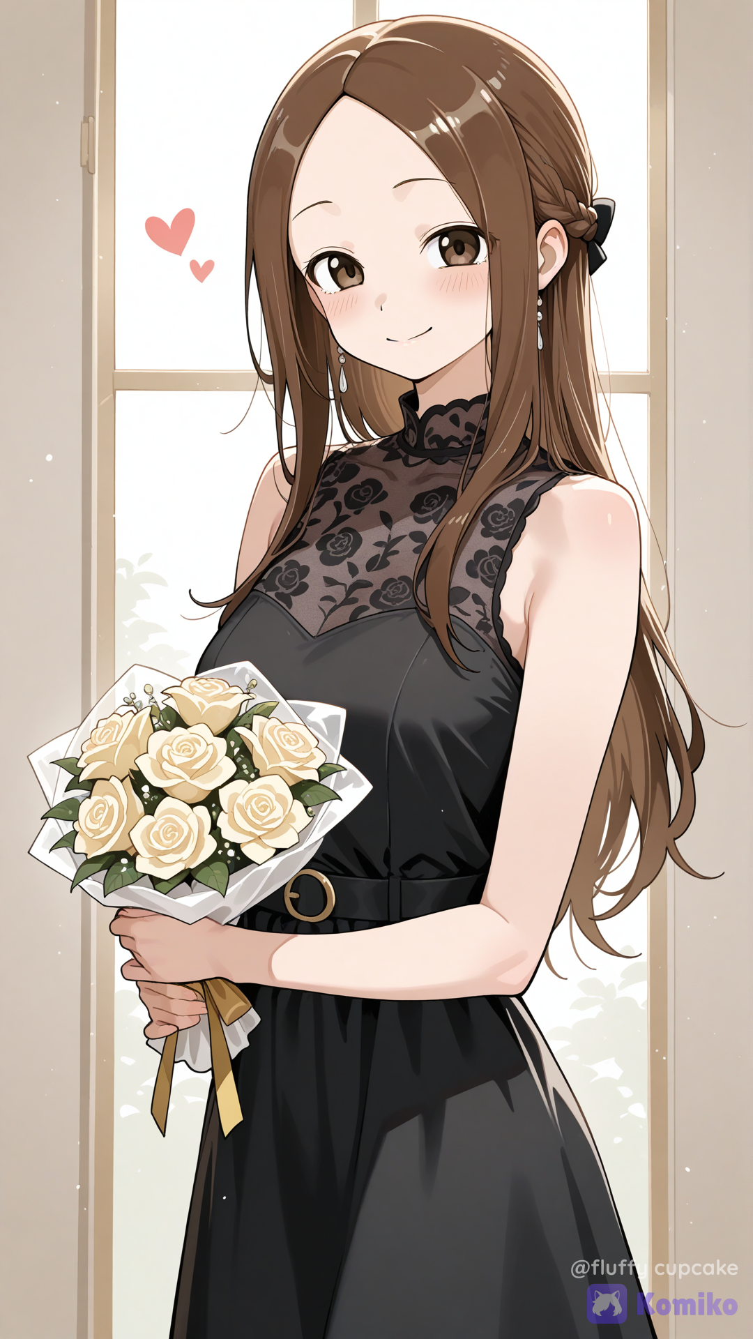 takagi-san, aged up, black dress, sleeveless dress, holding bouquet, facing viewer, smile