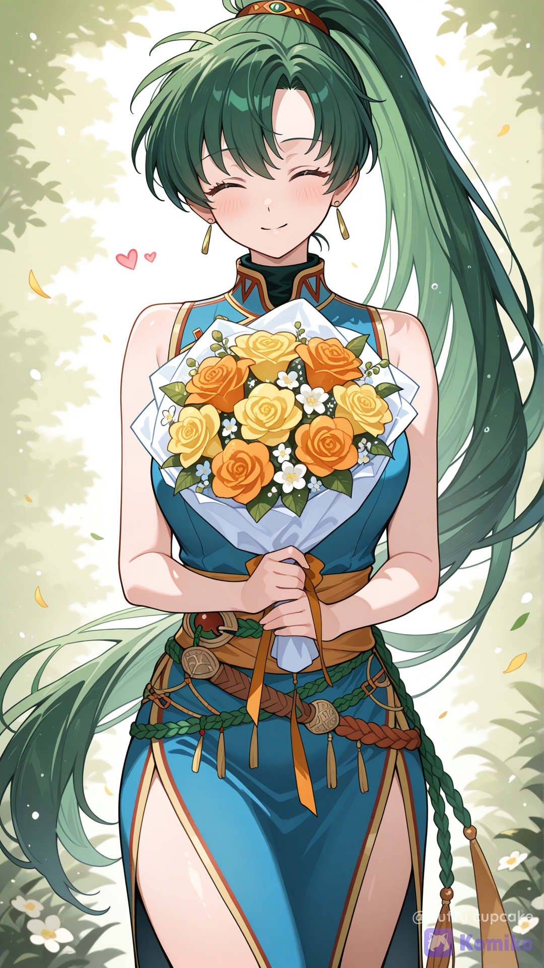 lyn (fire emblem), teal dress, sleeveless dress, holding bouquet, facing viewer, smile